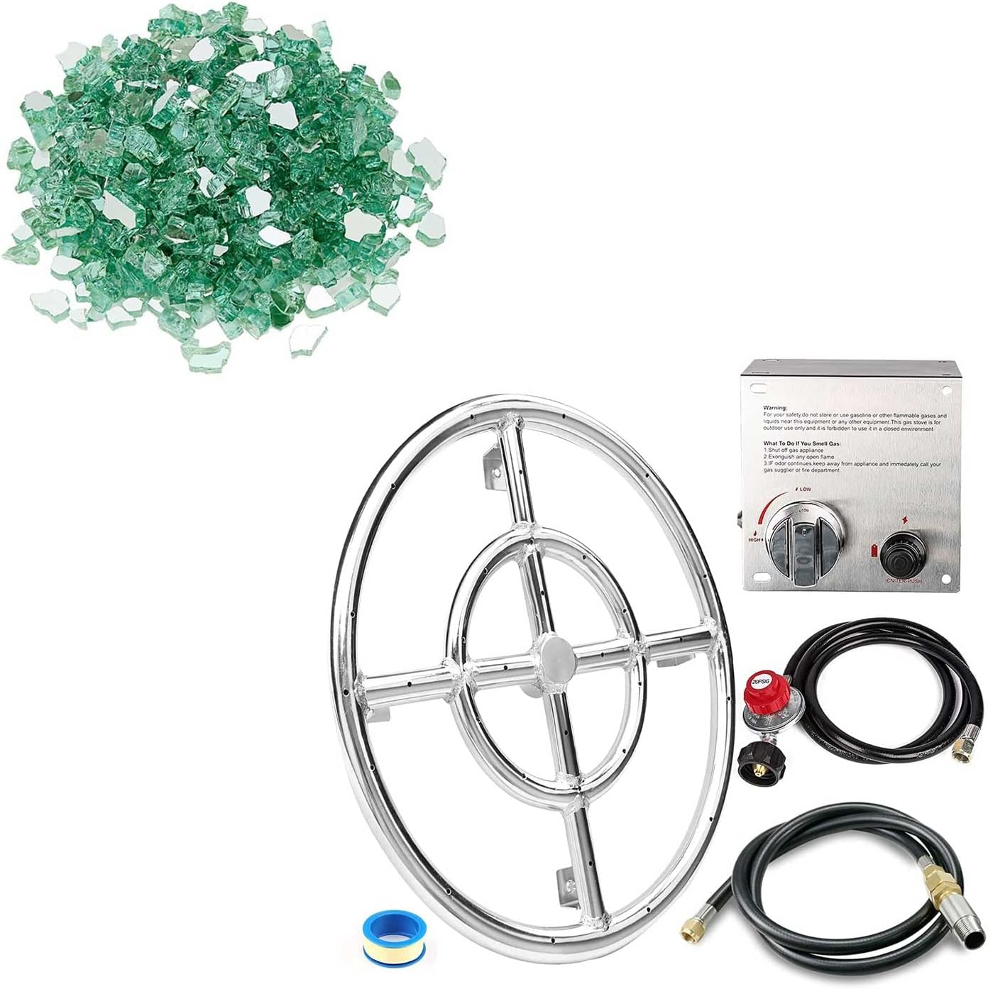 Grisun Green Fire Glass for Fire Pit 10 Pounds - 1/2 Inch and Fire Pit Burner Ring Kit 12 Inch