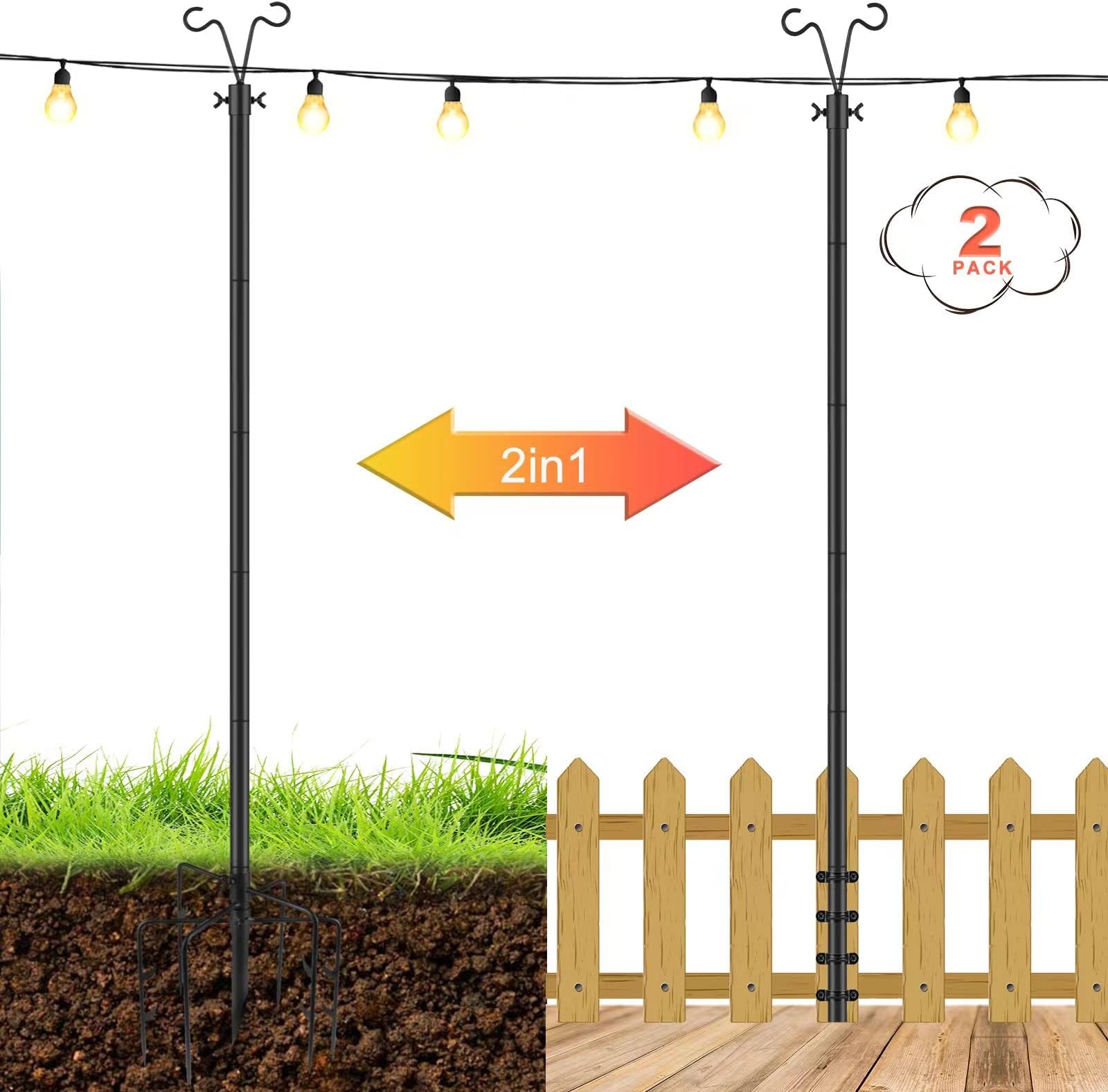 herway String Light Poles, 10ft Sturdy Steel Pole Stand with Hooks for Hanging Lights String, Outdoor Light Poles 7-Prong Fork for Garden, Bistro, Patio, Wedding, Party, Birthday Decorations (2 Pack)