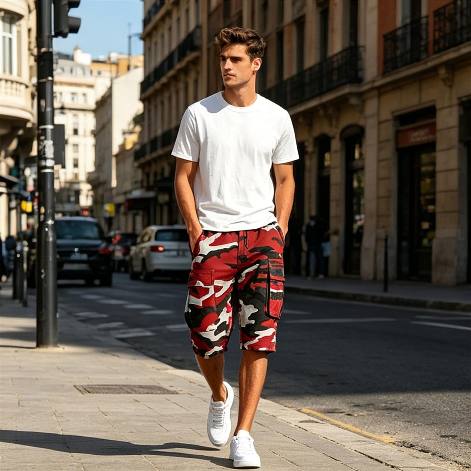 Short de travail pour homme, motif camouflage, hip-hop, surdimensionné