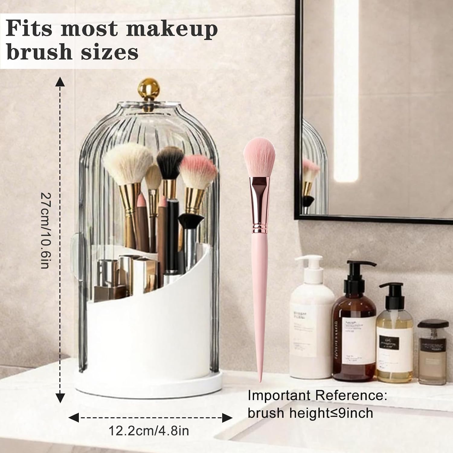 LAKSMI Makeup Brush Holder with Lid, Dustproof 3-Compartment Cosmetic Organizer, Large Capacity Vanity Storage for Brushes, Eyebrow Pencils, Toothbrushes, Dorm & Bathroom Essentials (Gray)