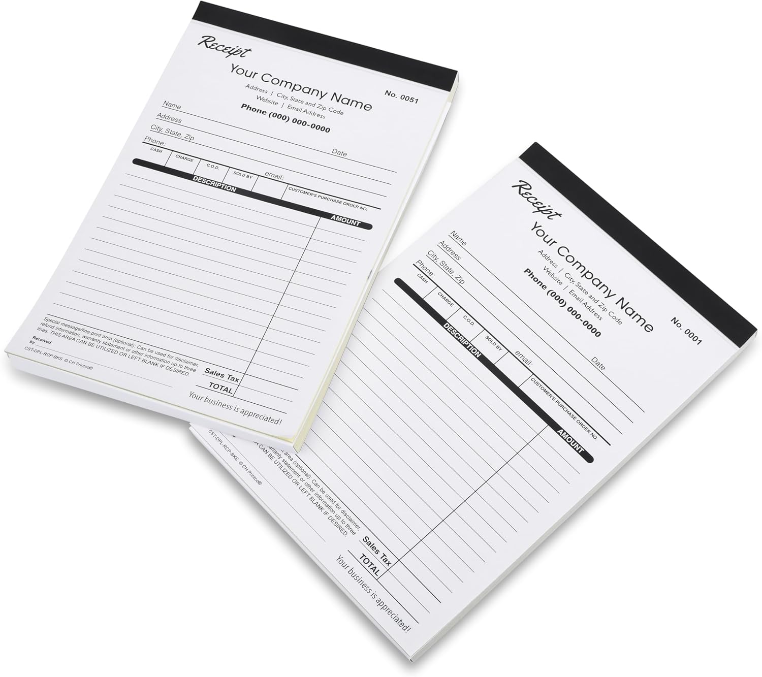 Custom Duplicate Receipt Books with Your Company Name. 2 Books (100 Sets) Numbered.