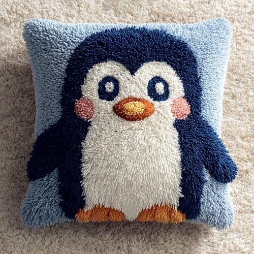 AxiangziK Latch Hook Kit for Adults 43x43cm,Cartoon Penguin DIY Pillow & Rug Craft Kit for Beginners,Handmade Yarn Art,Relaxing Home Sofa Decor Gift,17x17in