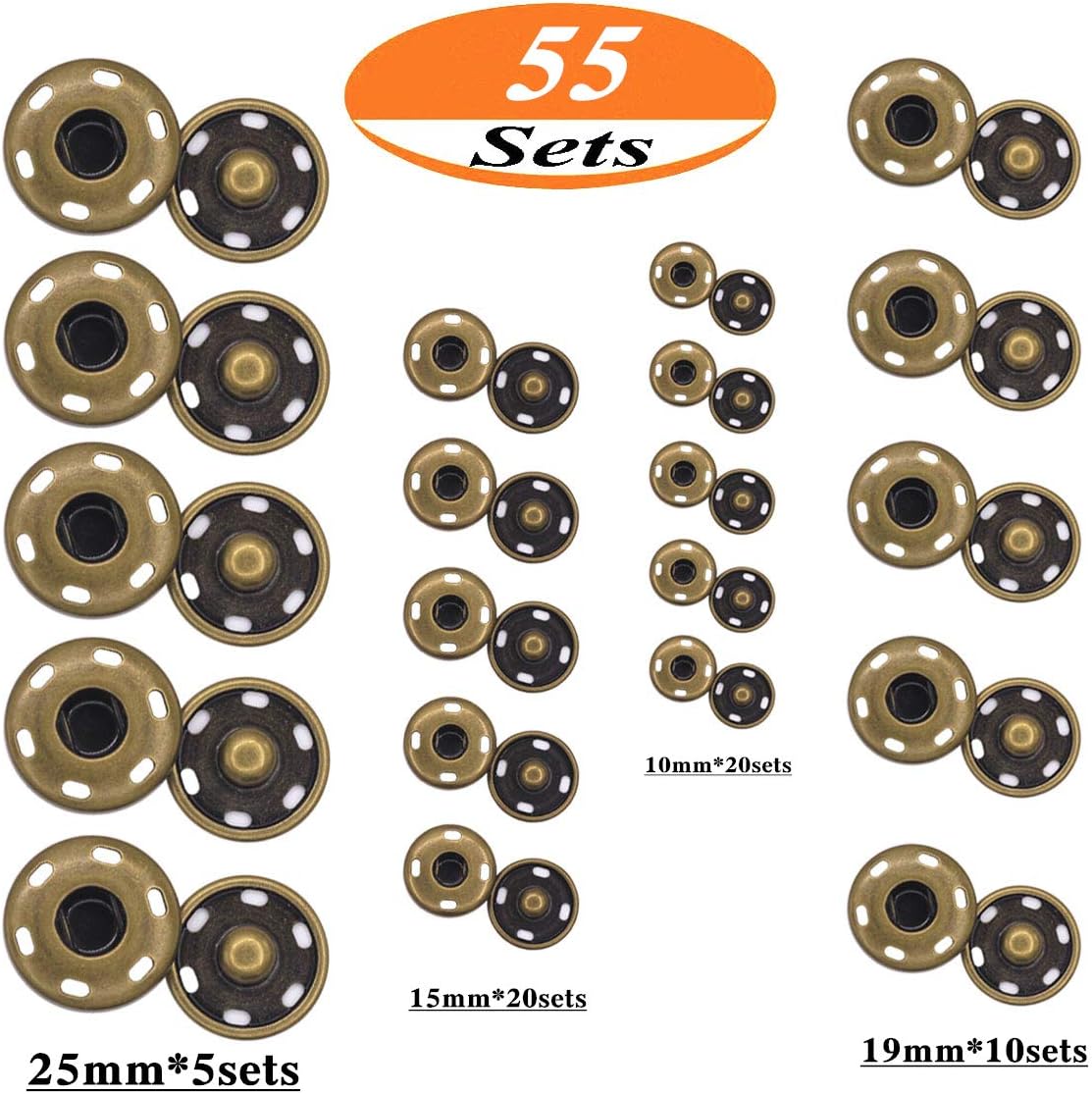 55 Sets Sew-on Snap Buttons Metal Snap Fastener Durable Press Studs Buttons for Sewing Clothing, 4 Sizes