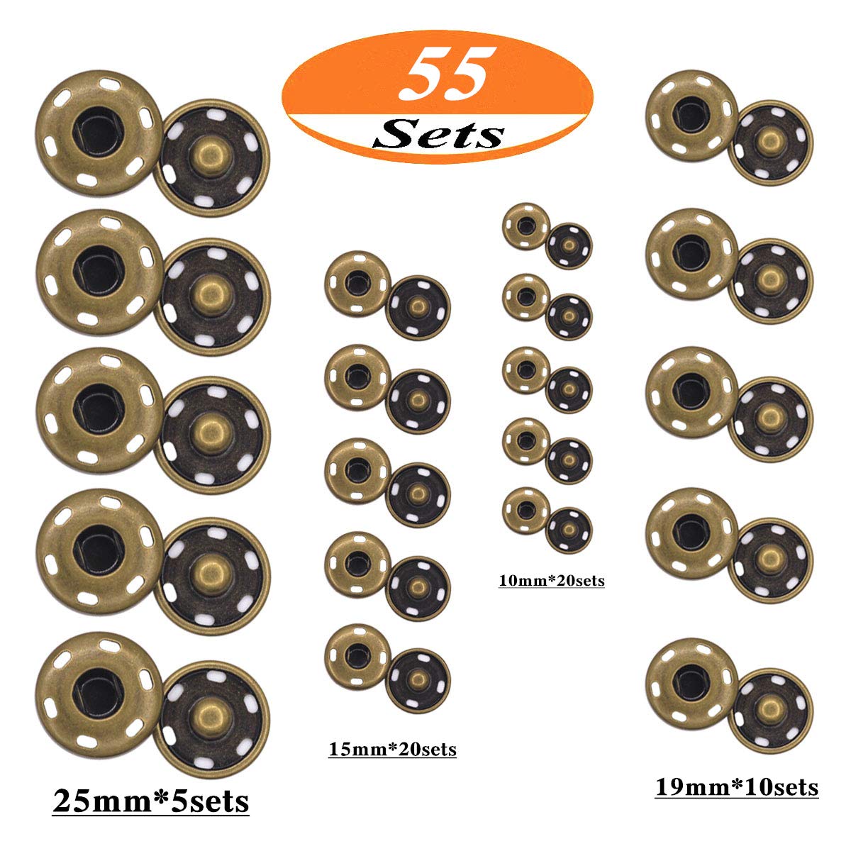 55 Sets Metall-Druckknöpfe zum Aufnähen, langlebige Druckknöpfe zum Nähen von Kleidung, 4 Größen bronze