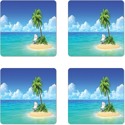 Lunarable Coastal Coaster Set of 4, Desert Chaise Lounge Solitude Resting Holiday Tropic Resort Beach Leisure, Square Hardboard Gloss Coasters for