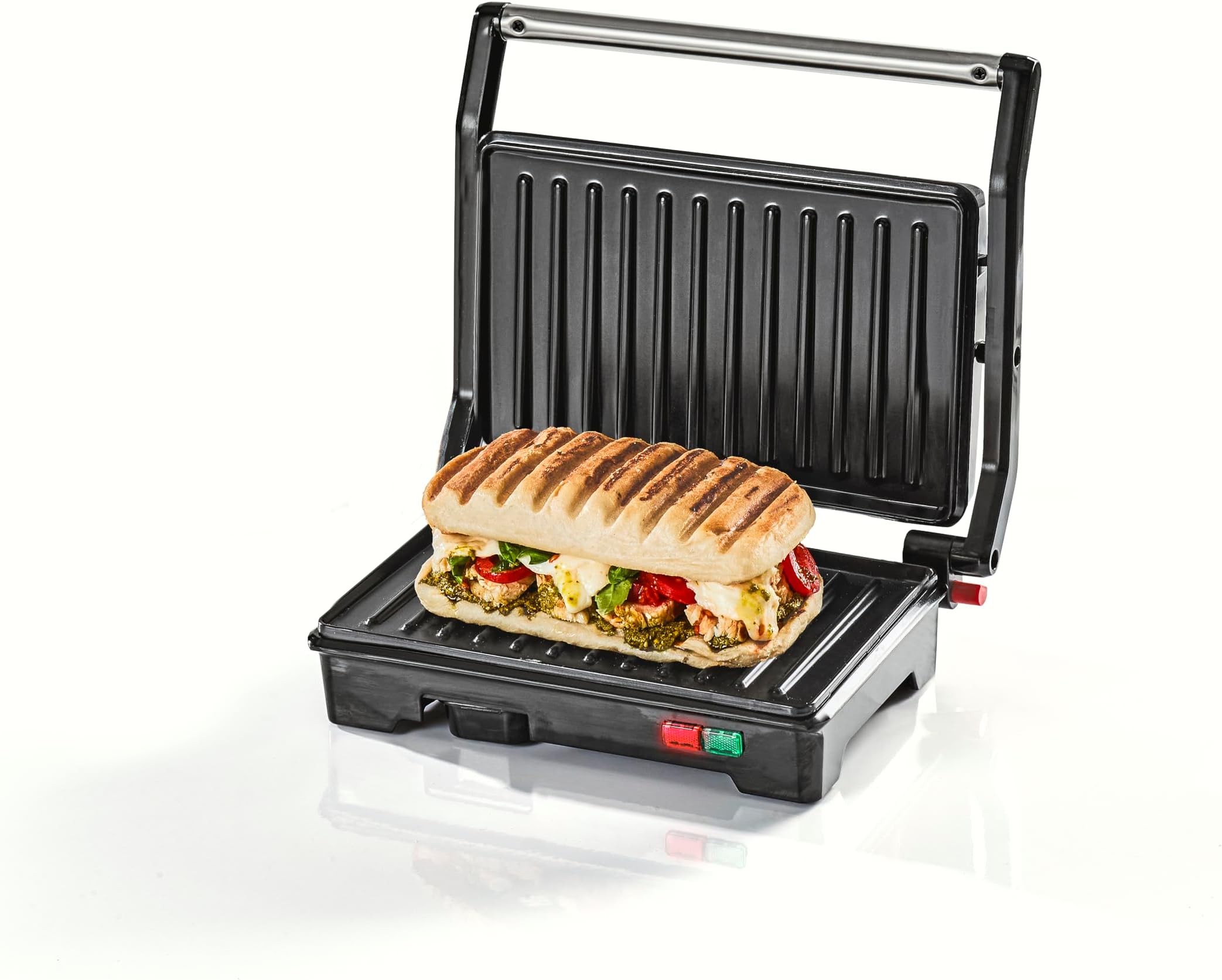 Panini Press and Grill Sandwich Maker/Compact Stainless Steel Design/Non-Stick Hotplates/Cool Touch Floating Hinge Handle/Automatic Temperature Control