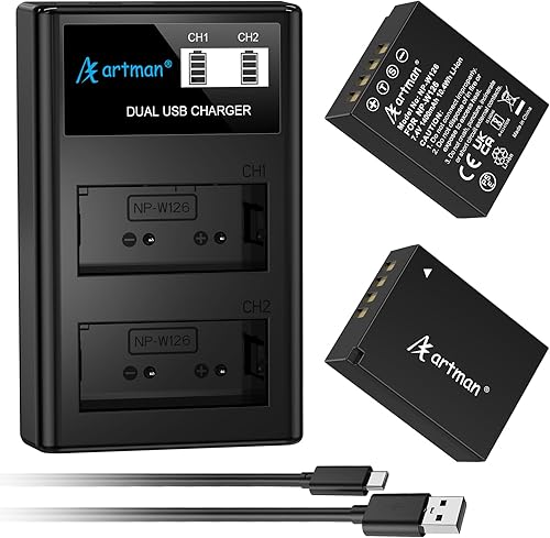Artman NP-W126 NP-W126S Batería y LCD Dual Cargador para X100V, X100VI, X100F, X-T100, X-T200, X-T1, X-T2, X-T3, X-T10, X-T20, X-T30 II, X-S10,