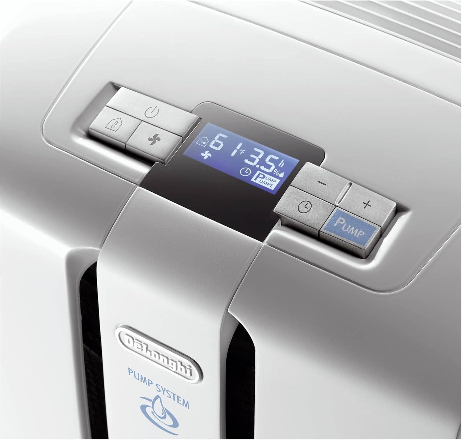 Close-up of the De'Longhi DD230P dehumidifier control panel with digital display and buttons