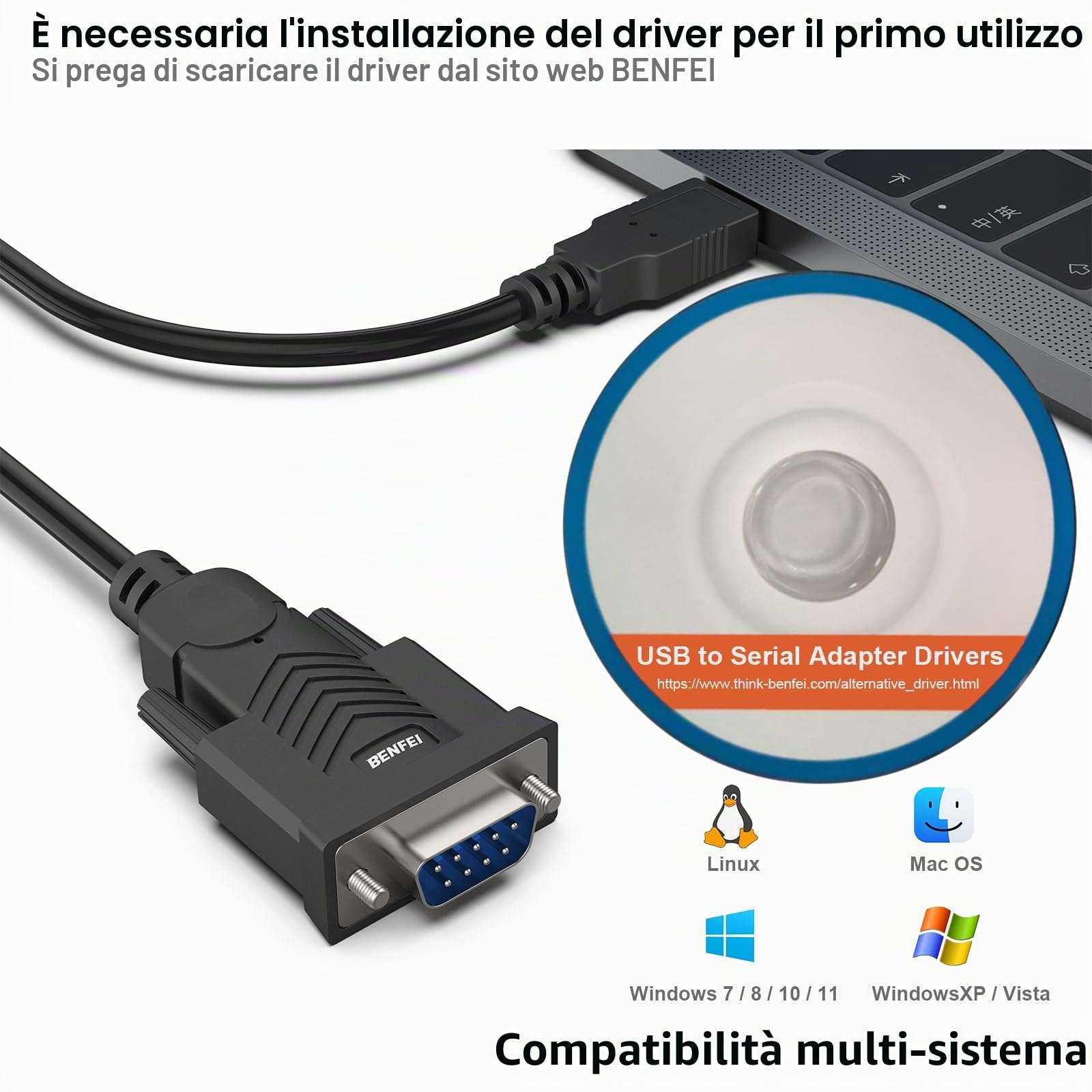 BENFEI Cavo USB a seriale, 1,8m cavo seriale RS-232 maschio (9 pin) DB9, chipset prolifico, Windows 11/10/8.1/8/7, Mac OS X 10.6 e versioni successive
