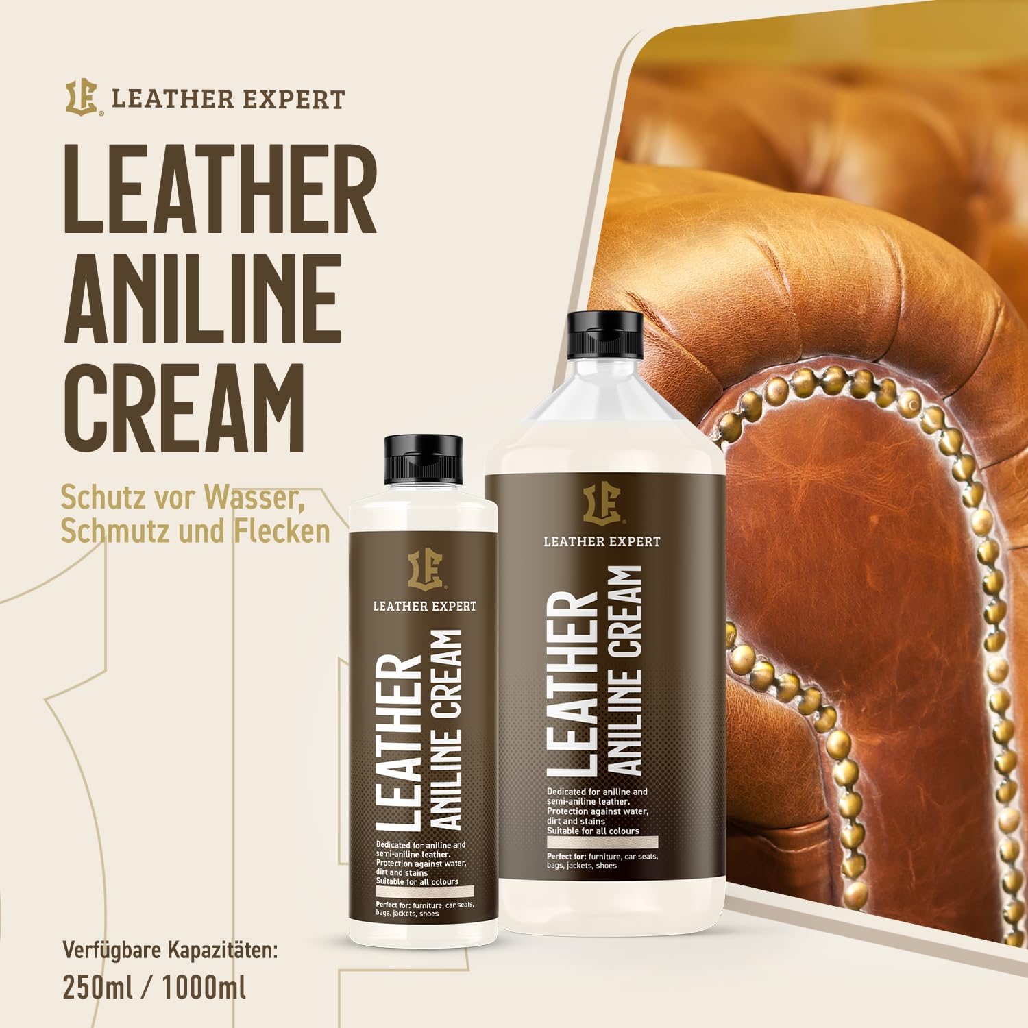 Leather Expert Anilinledercreme 1000 ml | Hochwertige Lederpflege für Auto und Möbel | Reinigung und Pflege von Natur- und Kunstleder | Lederpflegeprodukt für Autositze, Sofas und Taschen