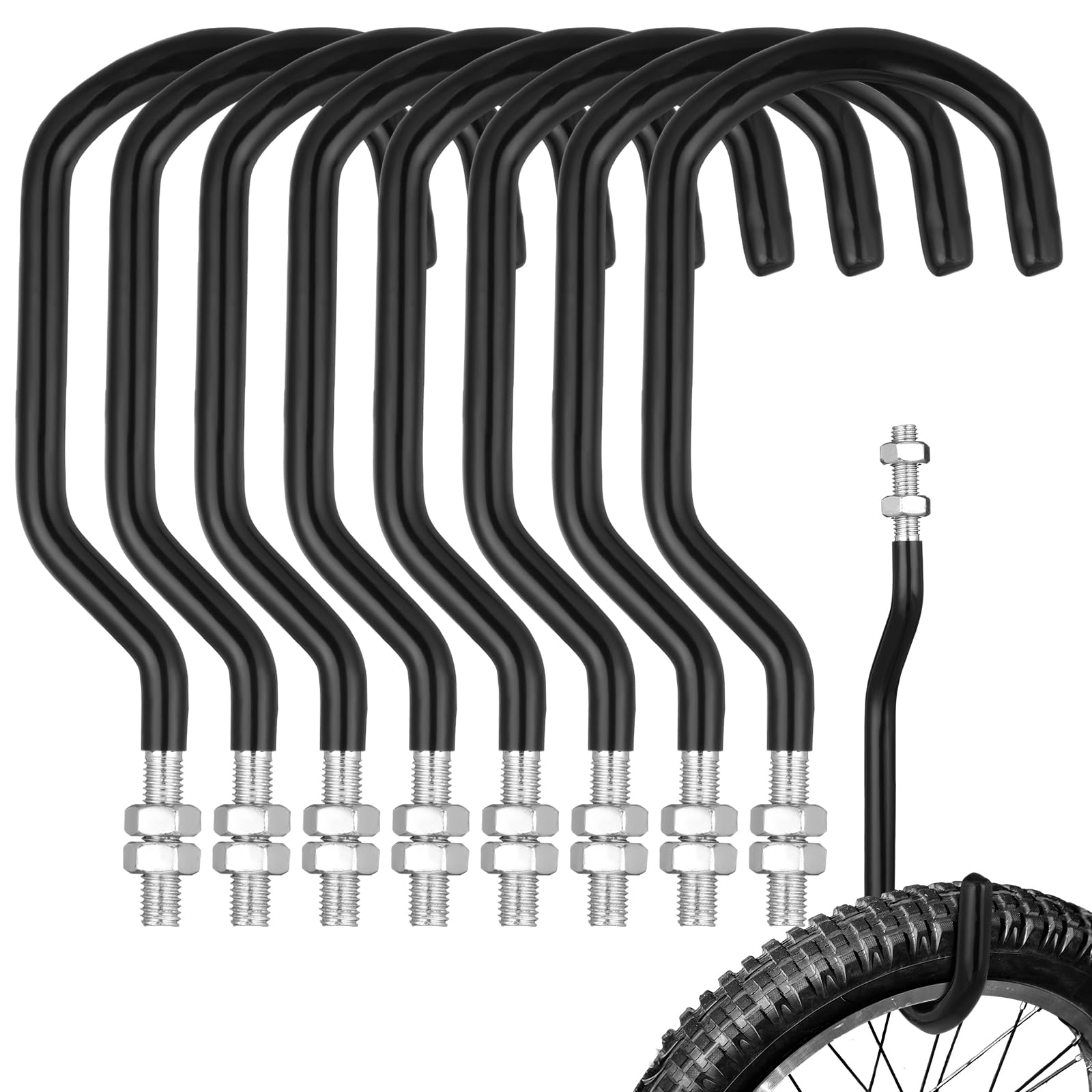 Shimeyao 8 Pcs Machine Thread Bicycle Storage Hook with Nut Heavy Duty Bike Hooks M10 x 1.5 Machine Threading Hook Rubber Coated Bicycle Hanger for Hanging Large Mountain Bike Tire (3.15 Inch,Black)