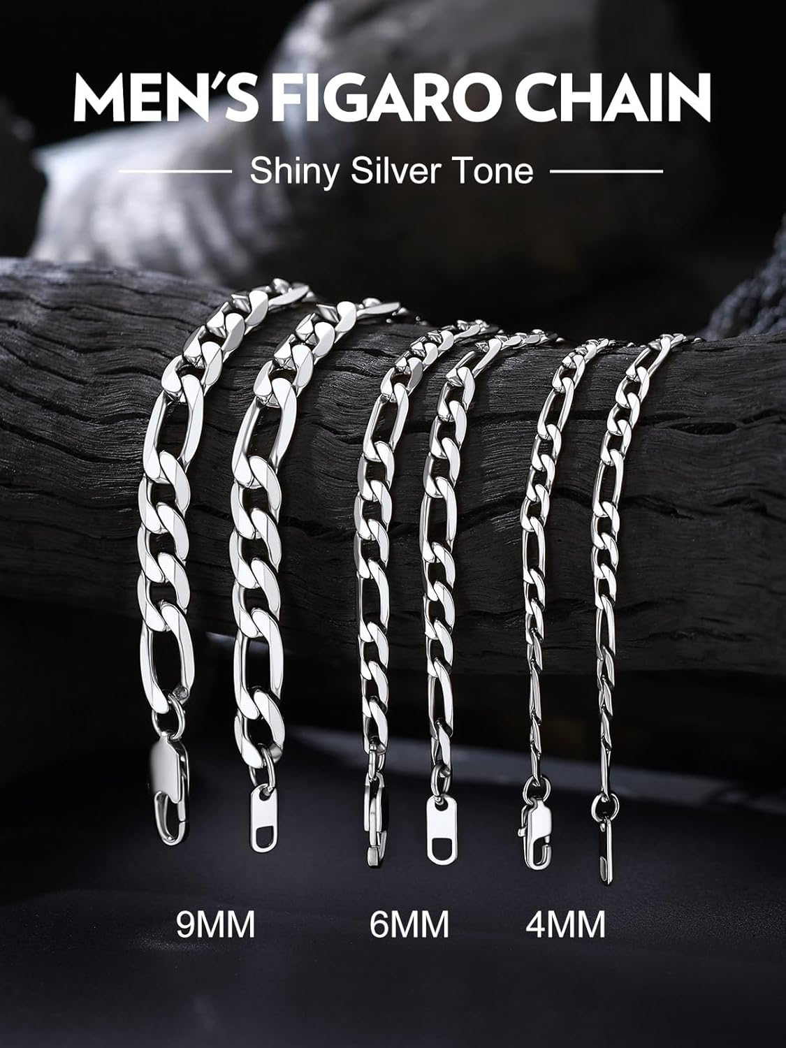 Bandmax Stainless Steel Figaro Chain Necklaces for Men Women, Silver/Gold/Black 4MM/6MM/9MM Flat Italian Style Figaro Link Chains Length 14"-30", Gift Packed - Image 9