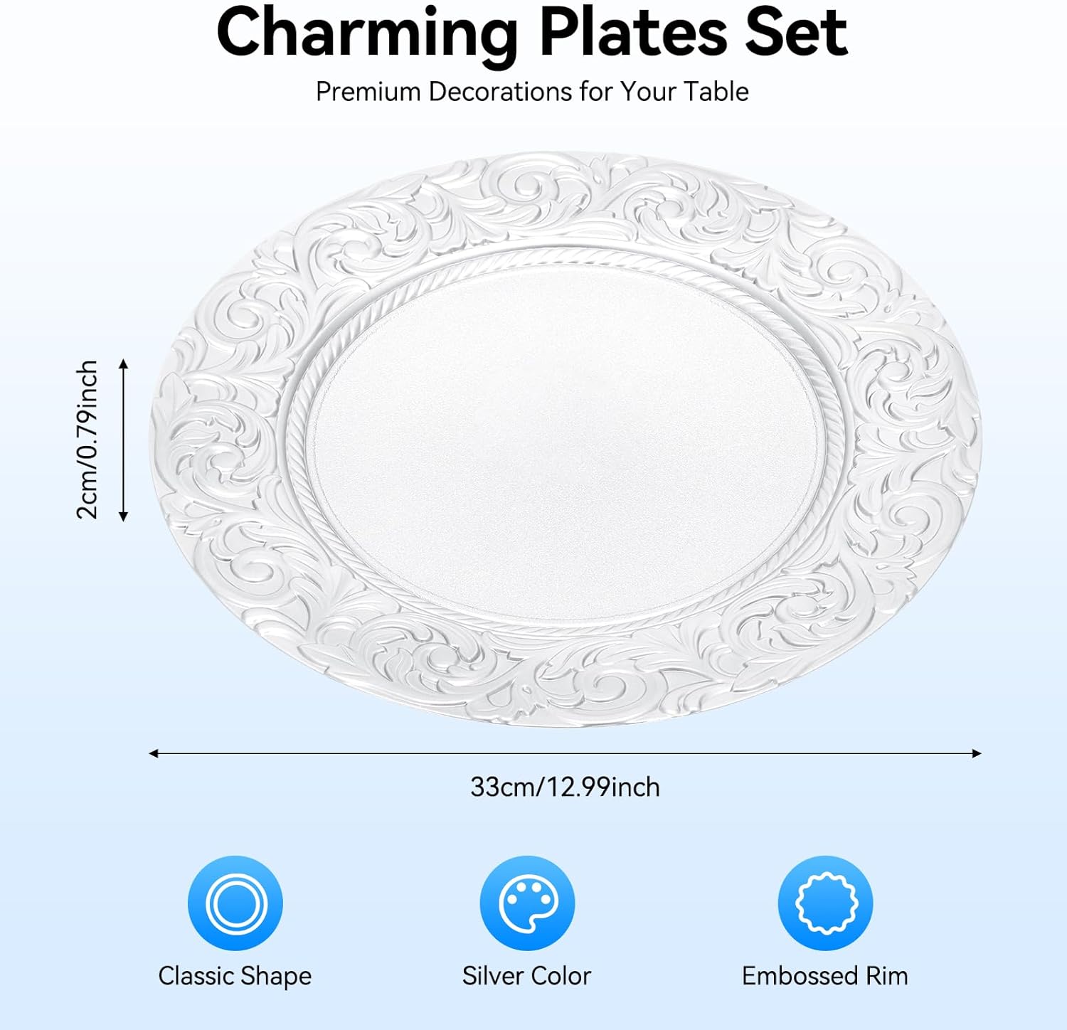 100Pcs Charger Plates Bulk 13'' Embossed Rim Round Floral Plates for Dinner Wedding Party Event Table Setting Decoration (Silver)