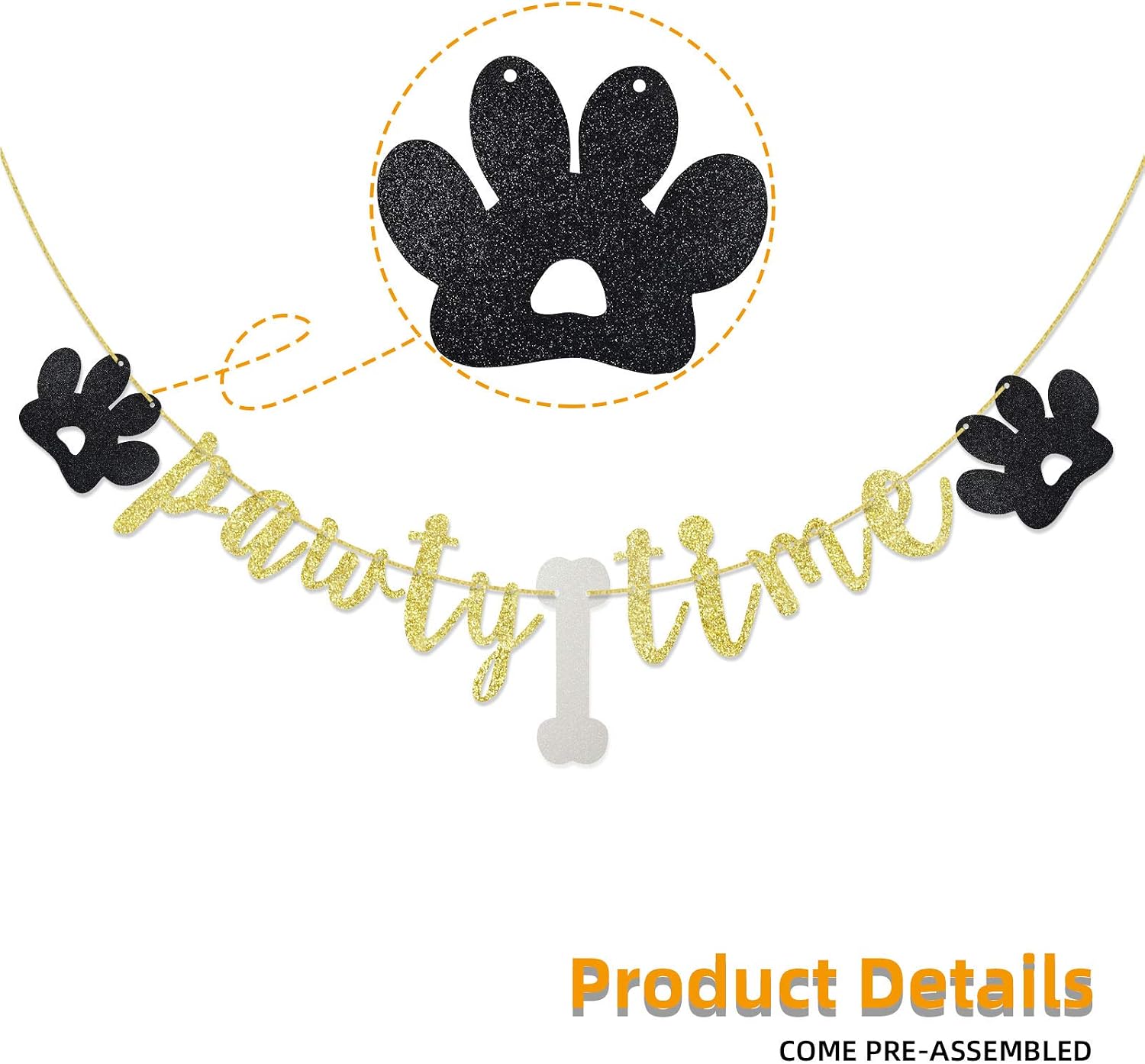 Pawty Time Banner for Pet Dog Birthday Party Supplies, Pawty Dog Happy Birthday Decorations, Puppy Theme Birthday Party, Paw Print and Bone Sign Photo Backdrop (Gold Glitter)