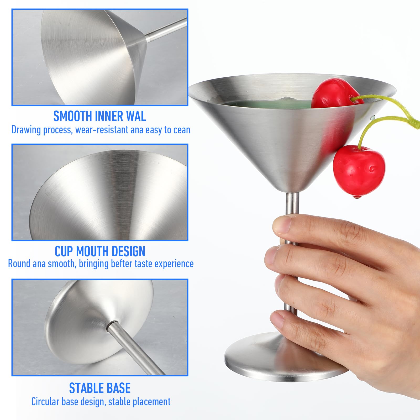 Confezione da 4 bicchieri da Martini in acciaio inox, bicchieri da Martini in metallo, infrangibili, pronti da viaggio, set da 250 ml, infrangibili con finitura sabbiata