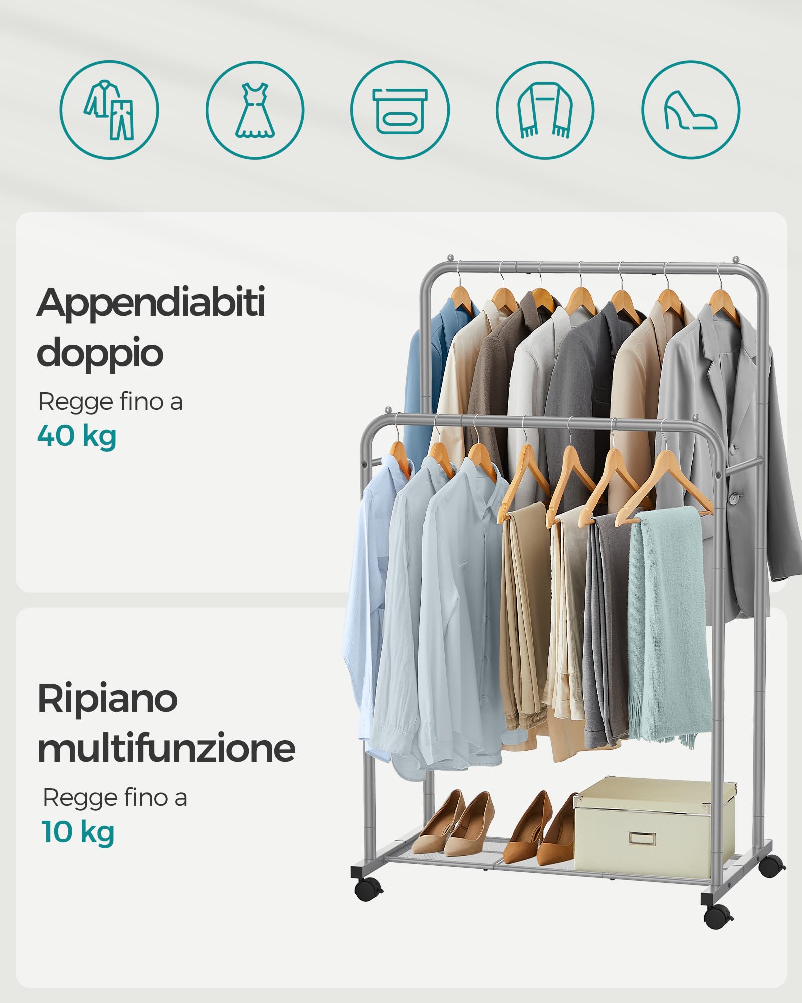 Appendiabiti Doppio SONGMICS Con Rotelle - Largo 91 Cm, Ripiano Portaoggetti, Portata 20 Kg | Nero - Foto 10