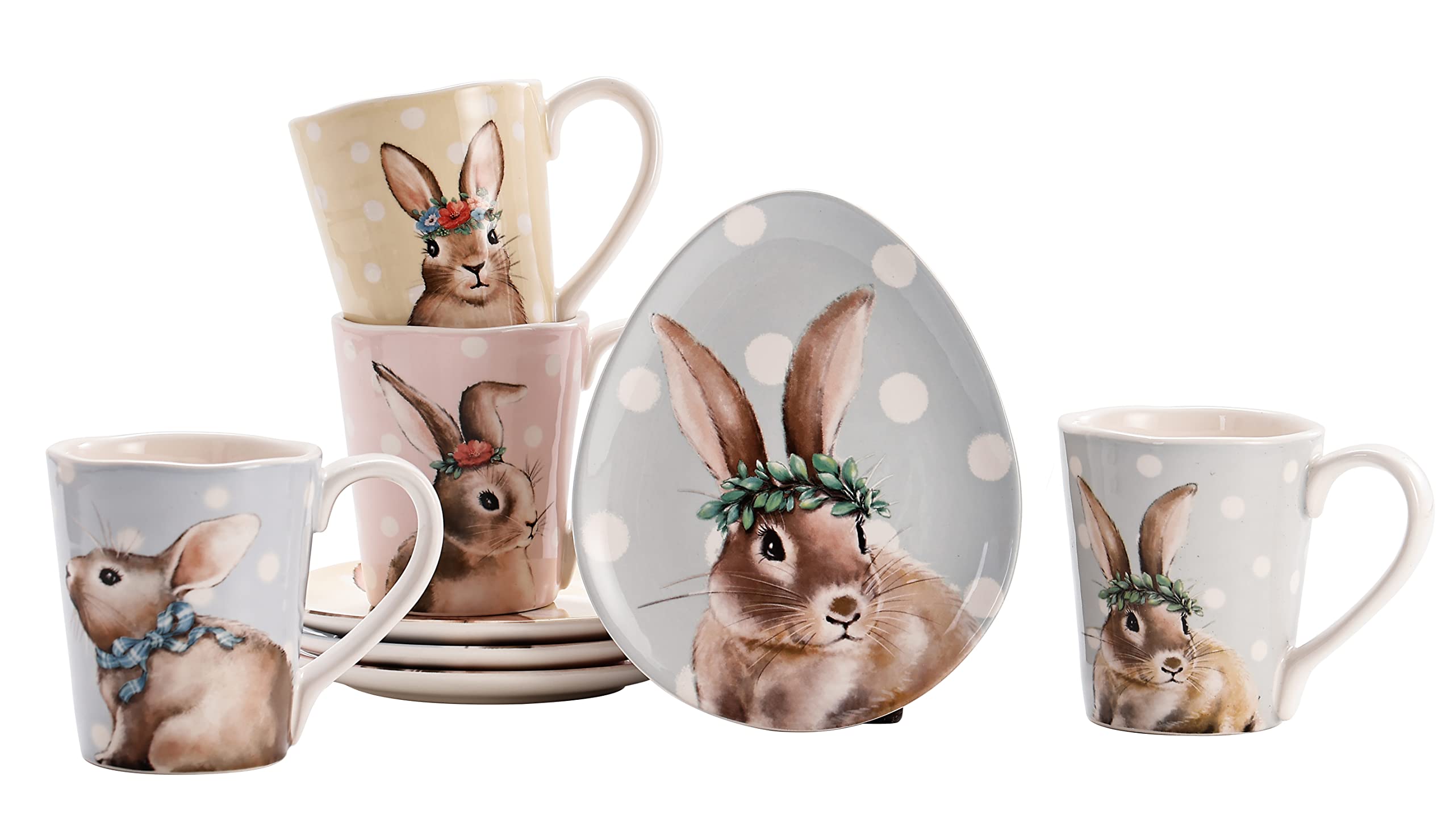 Bico Farmhouse Bunny ceramiczne talerze sałatkowe w kształcie jajka, zestaw 4 szt., do sałatek, przystawek, nadaje się do kuchenki mikrofalowej i zmywarki