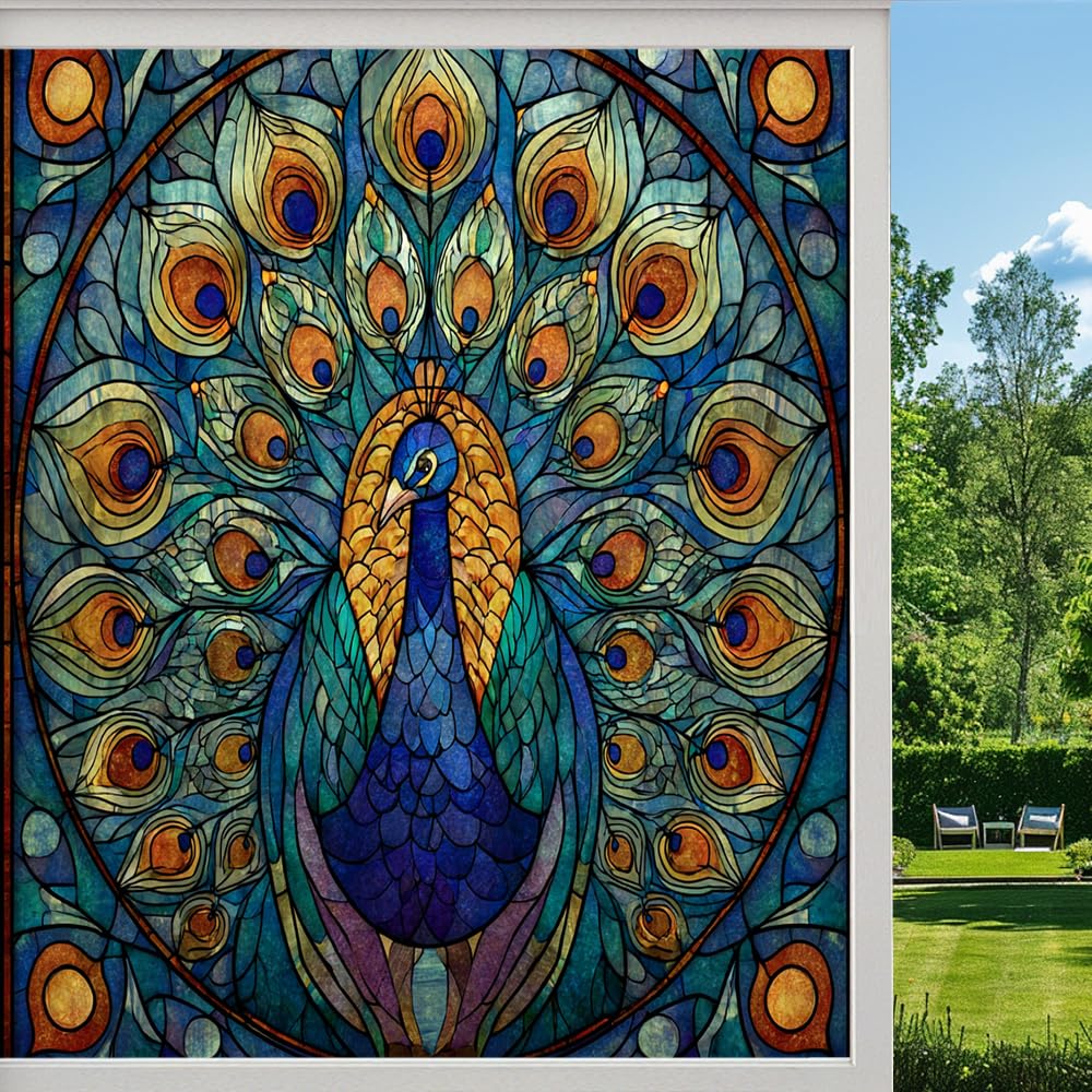 Dreamy Peacock Privacy Window Film, Classic Colored Bird Animal Frosted Self-Adhesive Vinyl Cling for Glass Doors Bathroom Windows Sun Blocking Heat Control, （70x120cm）