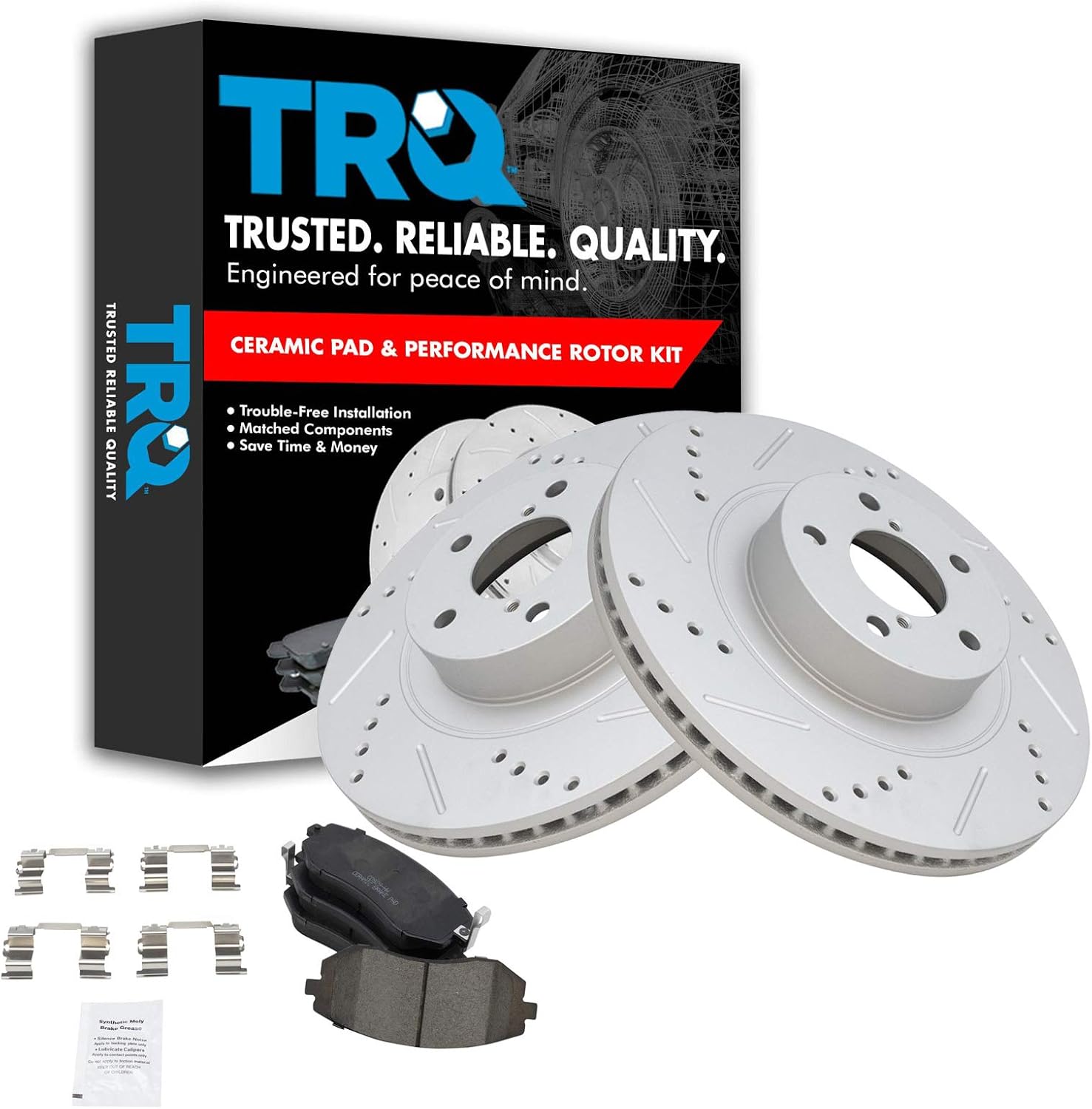 TRQ Performance Drilled Brake Rotor & Ceramic Pad Front Set for Subaru