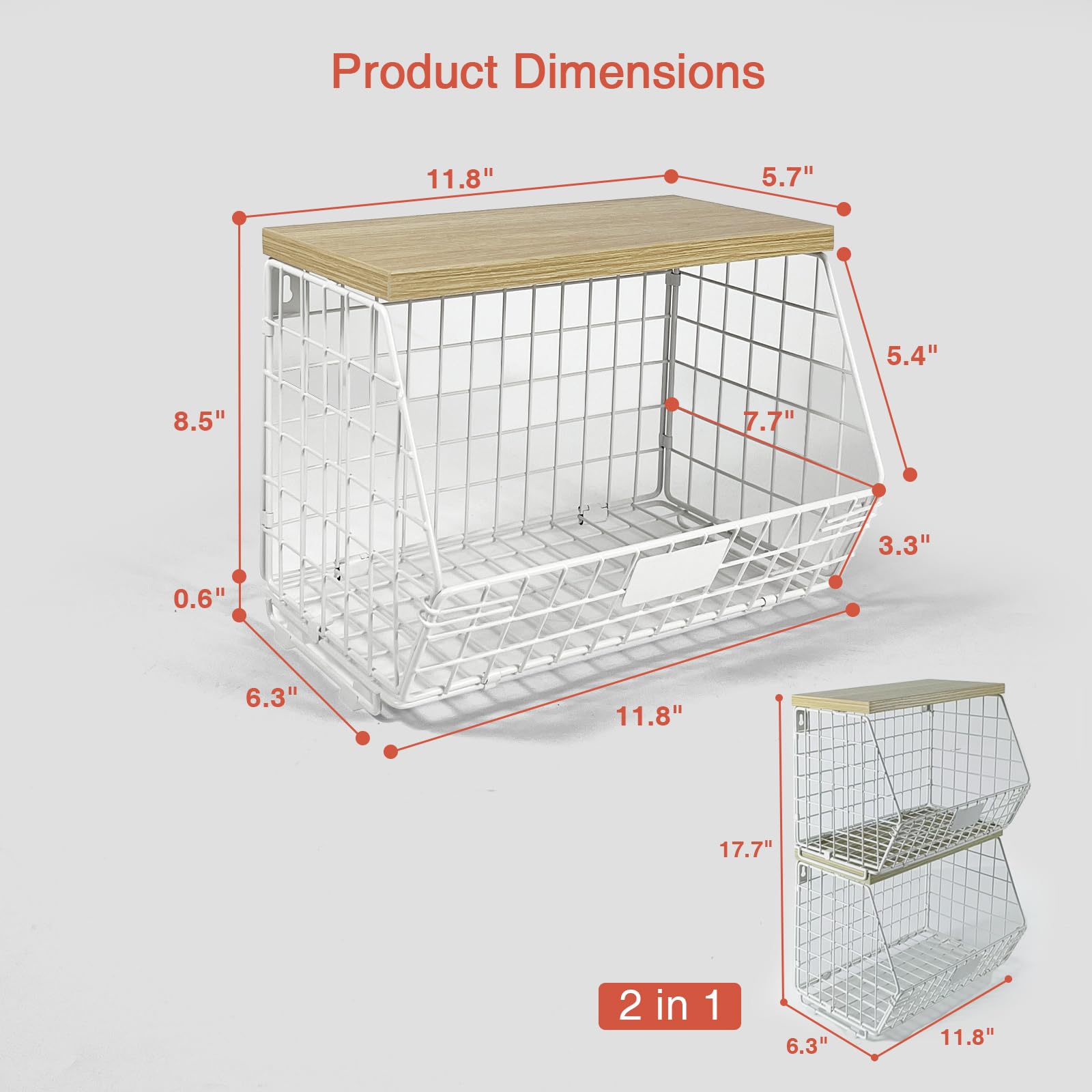 Cesta de alambre blanco para almacenamiento de frutas para encimera de cocina, juego de 2, cesta de frutas de montaje en pared con estante con gancho para plátanos, organizador colgante de 7