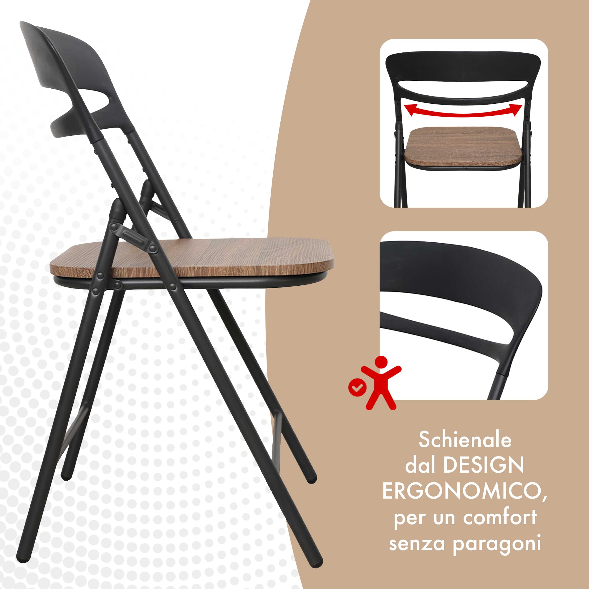 IlGruppone Set di 4 Sedie Pieghevoli Moderne Struttura in Metallo Verniciato a Polvere, Seduta in Legno e Schienale in Polipropilene Eleganti, Resistenti e Confortevoli,Portata 120 kg - Marrone