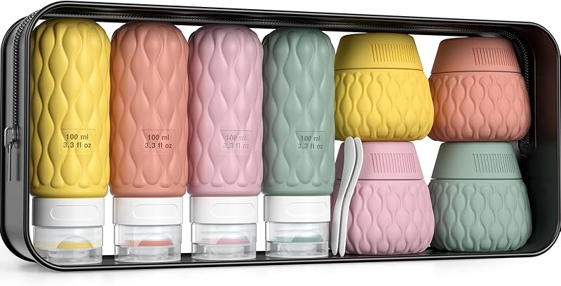 Lericttor Kit de frascos e potes de silicone para viagem, 4 frascos de 100 mL e 4 potes de 50 mL