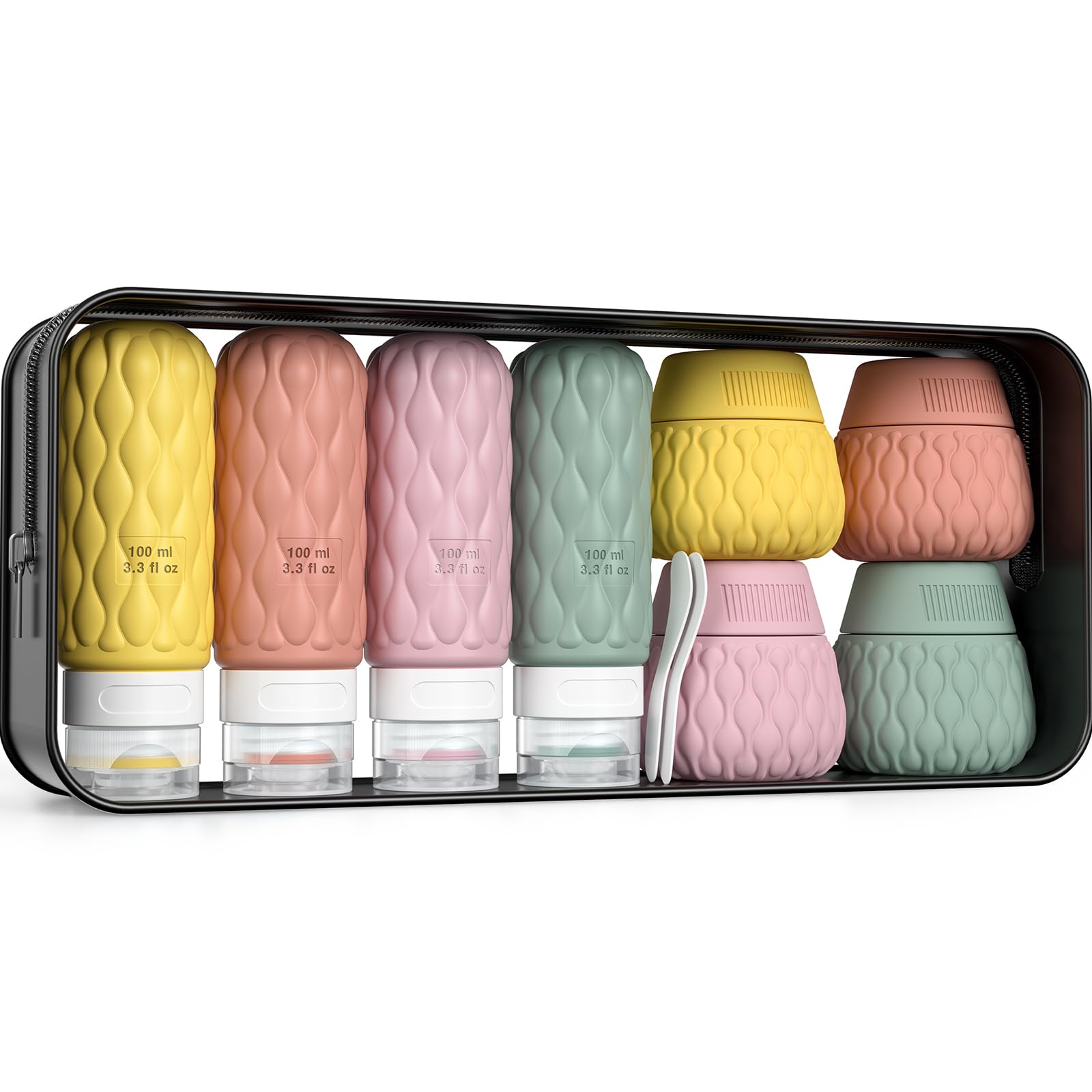 Lericttor Contenitori Viaggio Liquidi 100/50 ml, 8 Pezzi Bottiglie da Viaggio Aereo in Silicone, Set di Flaconi da Viaggio con Borsa da Toilette, Boccette da Viaggio per Shampoo, Lozione, Cosmetici
