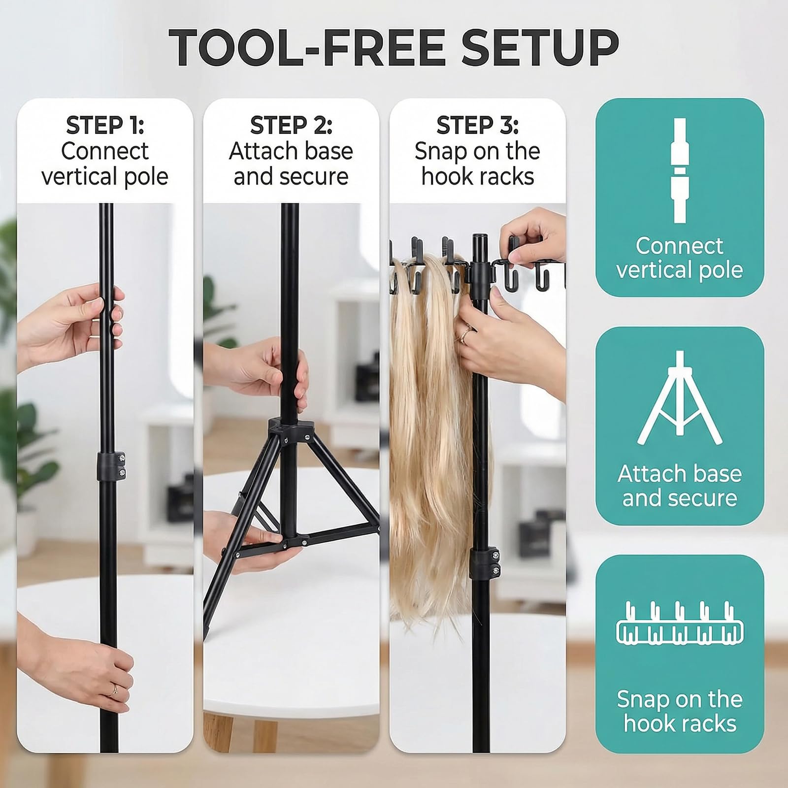 Support de Perruque Réglable avec 144 Crochets, Porte-Extensions de Cheveux pour Tresses et Braids, Support Suspendu à Hauteur Réglable pour Coiffeur et Salon