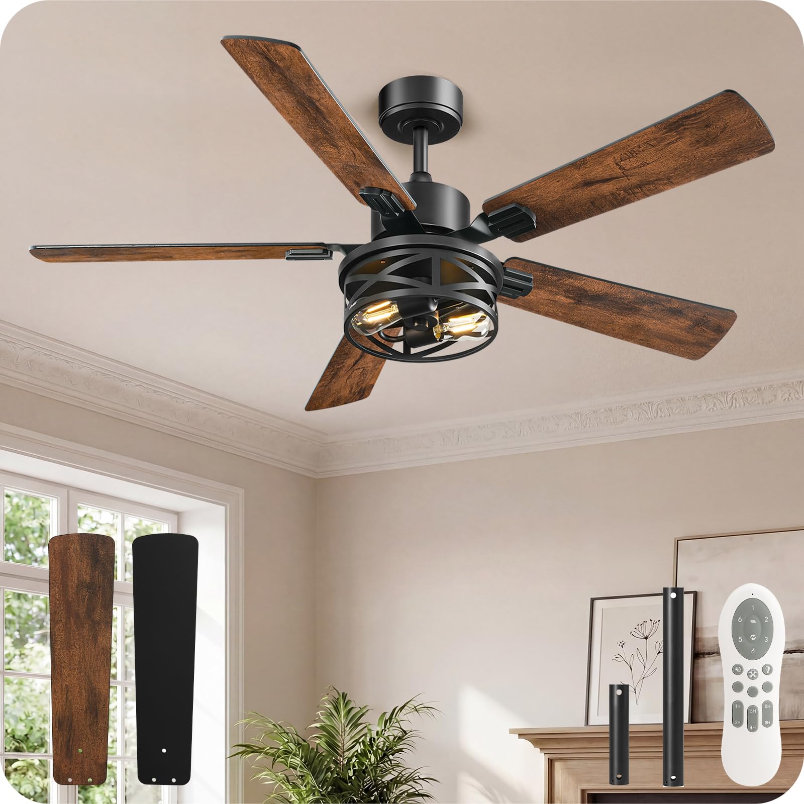 46 Inch Farmhouse Ceiling Fan with Lights and Remote, Timer, Dual Finish 5 Blades (Walnut and Black), 6 Speeds, Reversible DC Motor, Rustic &amp; Industrial Caged Ceiling Fan for Bedroom FB01CF4605