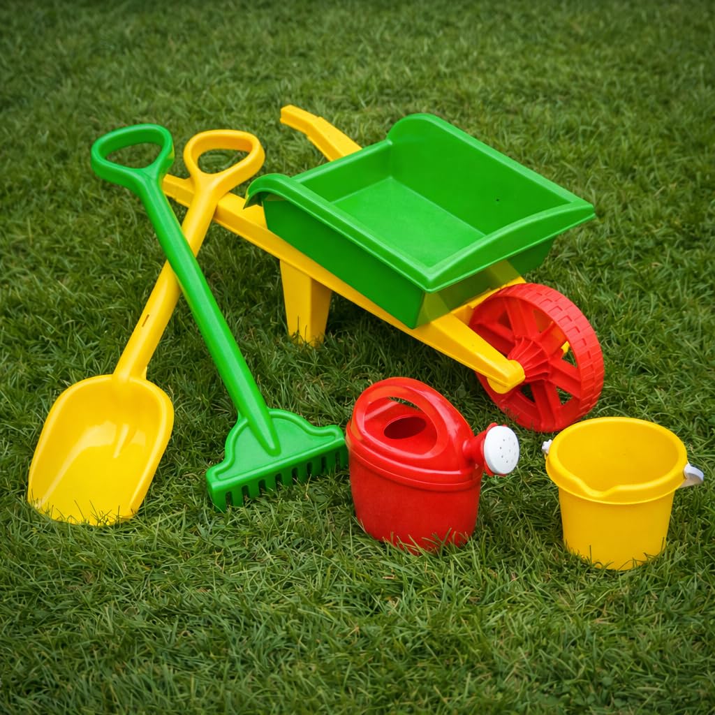 Kids Garden Wheelbarrow Toy Set – Children Outdoor Gardening Playset with Shovel, Rake, Watering Can & Bucket