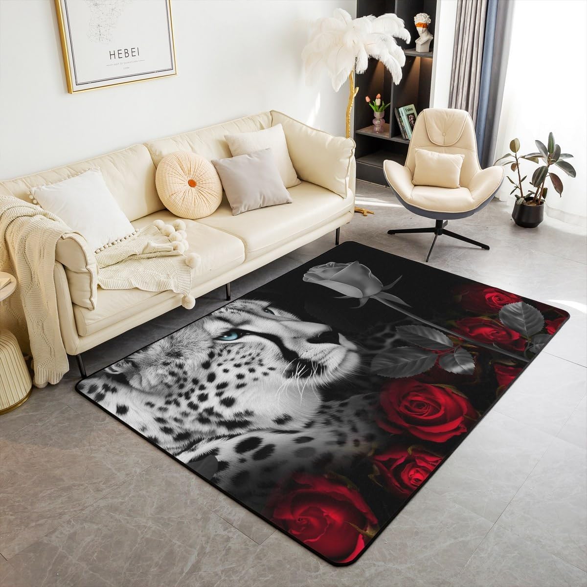 Leopard Area Rug 5x7 Red Rose Carpet African Safari Animals Accent Rug Set for Kids Adults Rose Floral Cheetah Print Jungle Indoor Floor Mat Bedroom Decor Living Room Bedside Dorm,Non Shedding