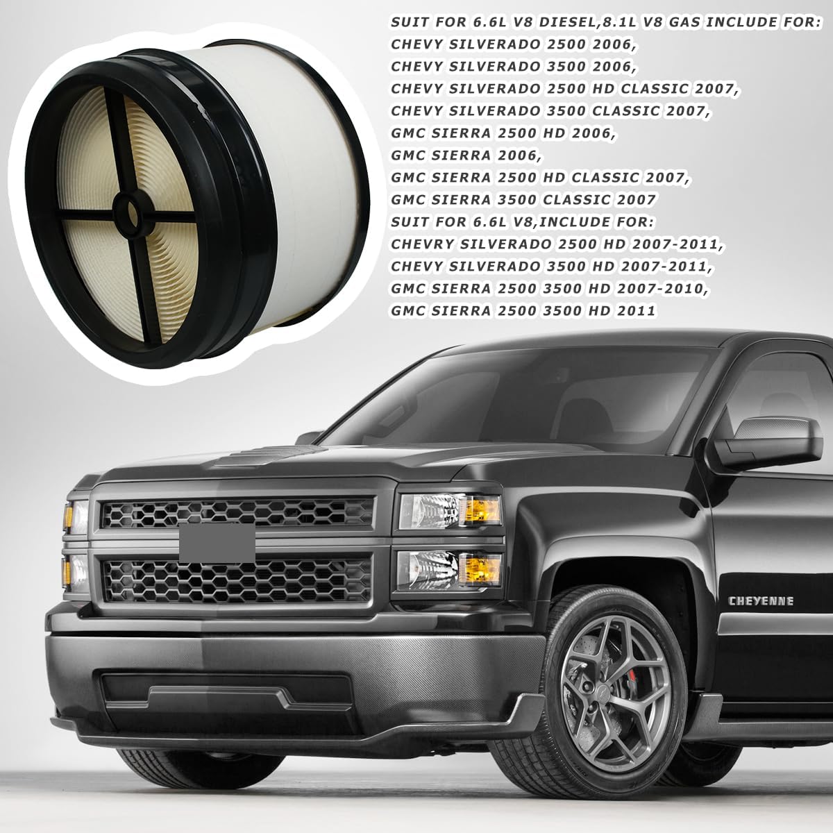25839611 Air Filter Compatible with Chevy Silverado GMC Sierra 2006-2010 Replace 25839611 15282462 15918221 25815550 25839609 15855986 25815549