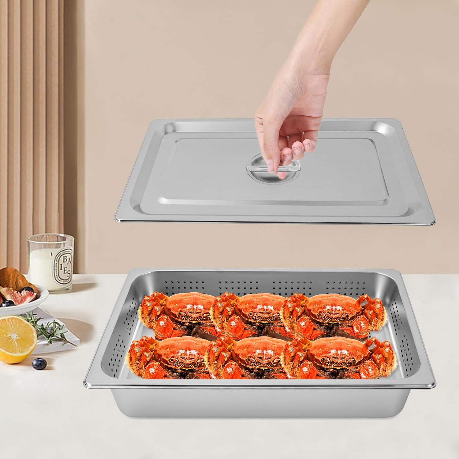 ,Steam Table Pan,Include Full Size Pan Perforated Steam Pan,3 Pack Full Size Hotel Pan with Lid Set,Steam Table Tray for Food Warmer,Cover Restaurant Supplies for Kitchen,Restaurant,Party,Hotels