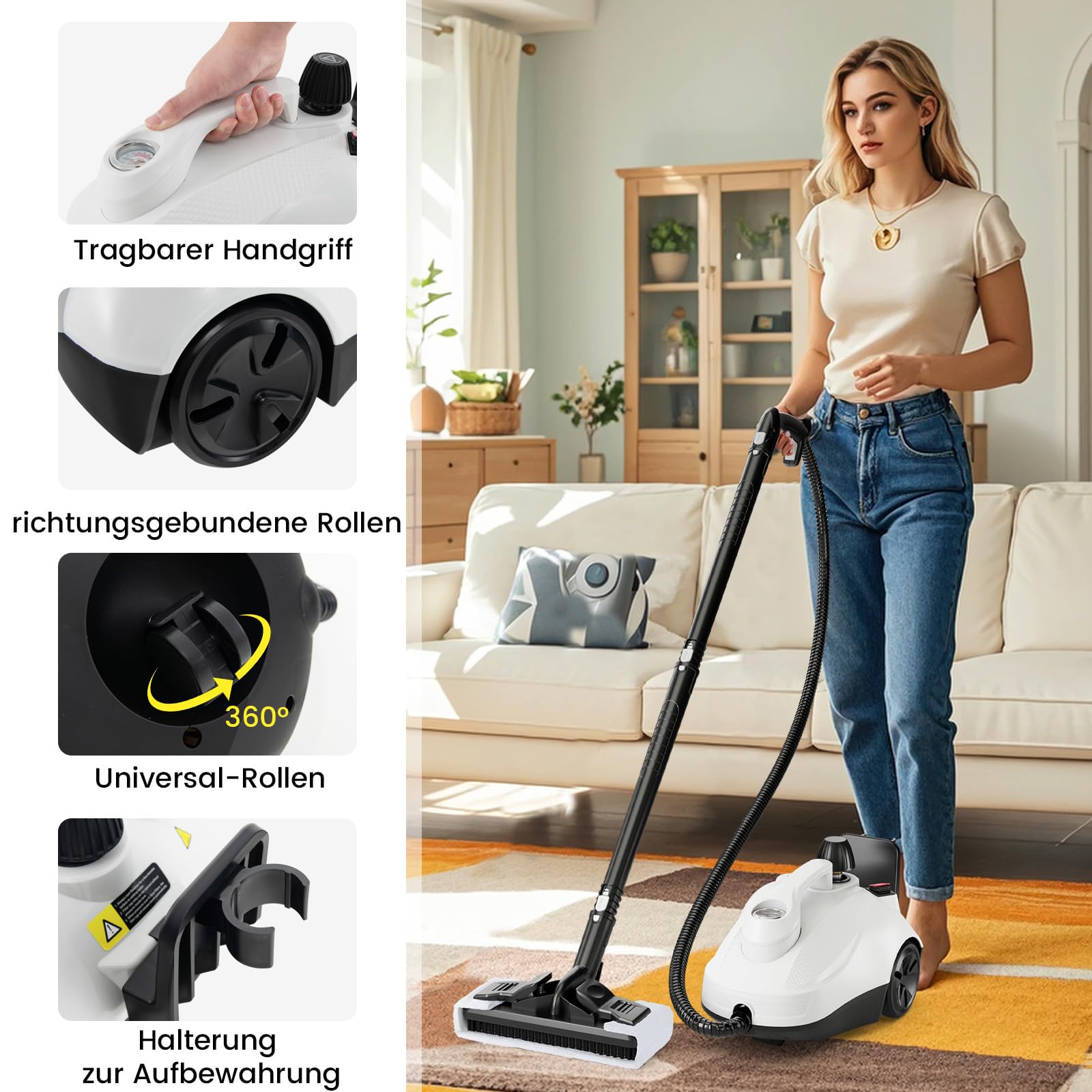 RELAX4LIFE Dampfreiniger 2000W, Dampfdruck: 5 bar, Flächenleistung: 108 m², Tank: 1,8 L, Aufheizzeit: 8 min., mit 22 Zubehörteilen, Dampfsauger für Teppiche, Böden, Fliesen, Fenster, Polster (Weiß)