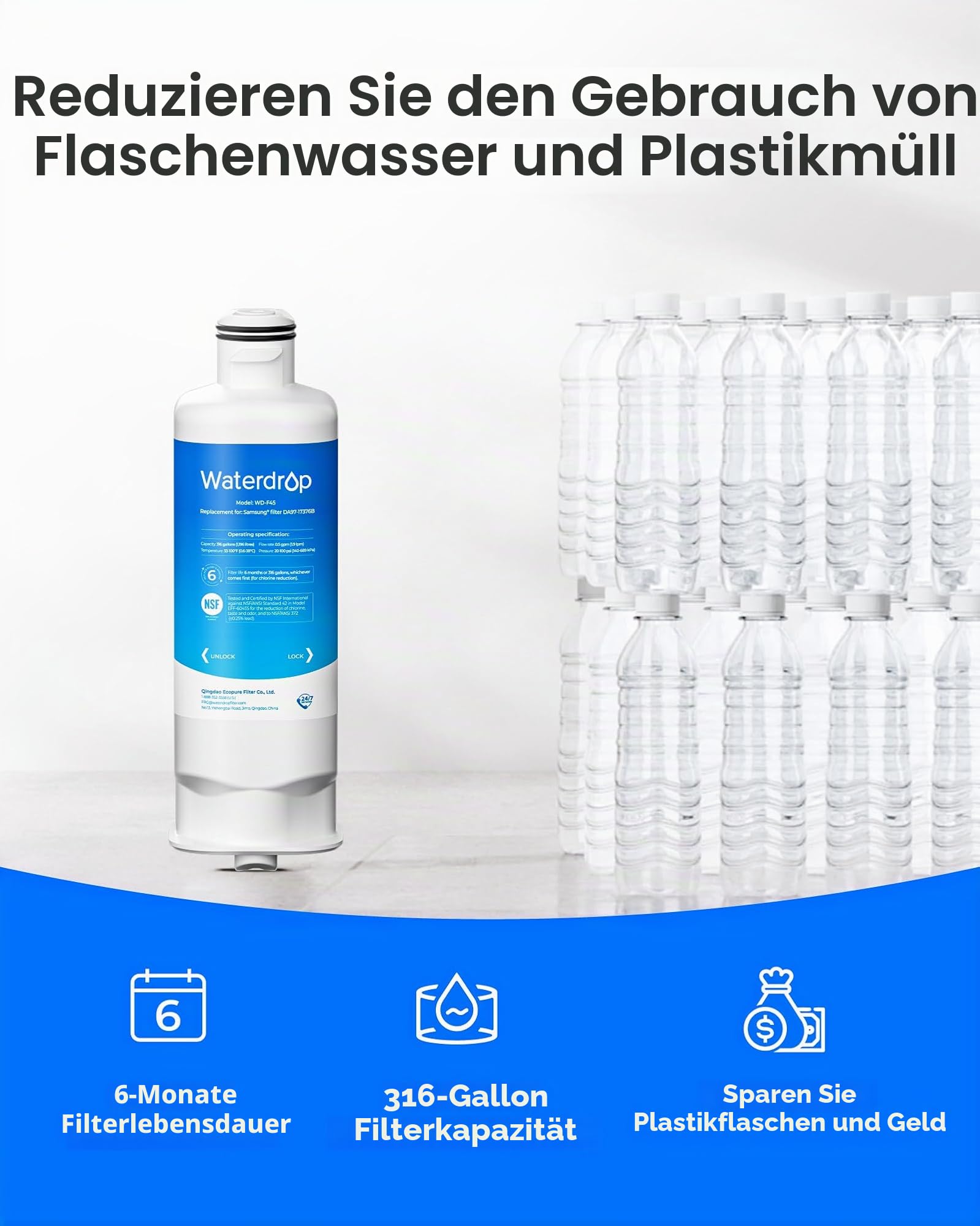 Waterdrop WD-F45 Ersatz für Samsung® DA97-17376B, HAF-Qin/EXP, HAF-Qin, DA97-08006C, RF23M8070SG, RF23M8070SR, RF23M8090SG Kühlschrank-Wasserfilter, NSF zertifiziert, Reduzieren PFAS, PFOA/PFOS (3)