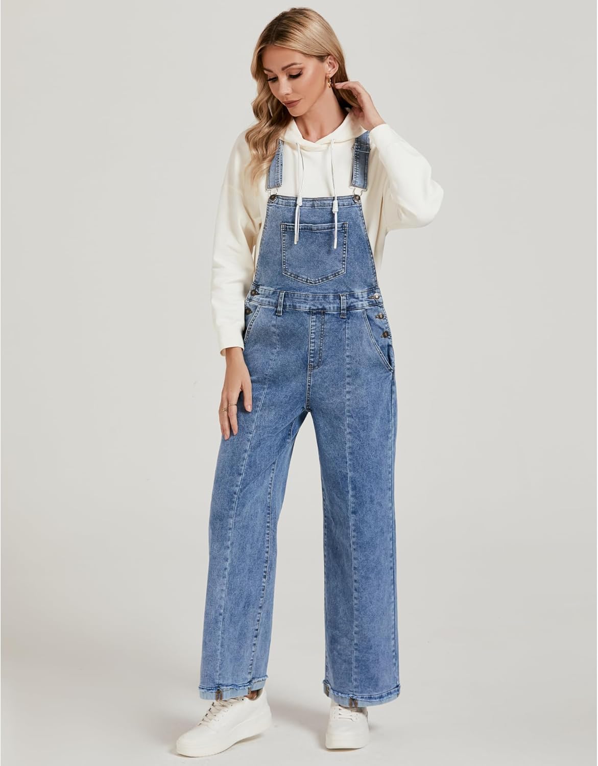 Vetinee Womens Overalls Denim Loose Fit Wide Leg Bib Stretch Baggy Jeans Jumpsuit Y2K Comfy - Image 7