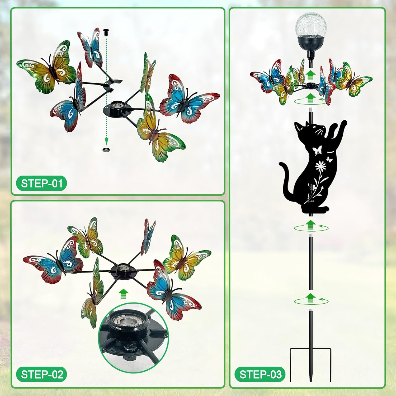 Solar Lights Yard Stakes-Butterfly Wind Spinners,Metal Black Cat Garden Decor with Color Changing LED for Patio,Pathway,Lawn,Walkway,Outdoor Decorative