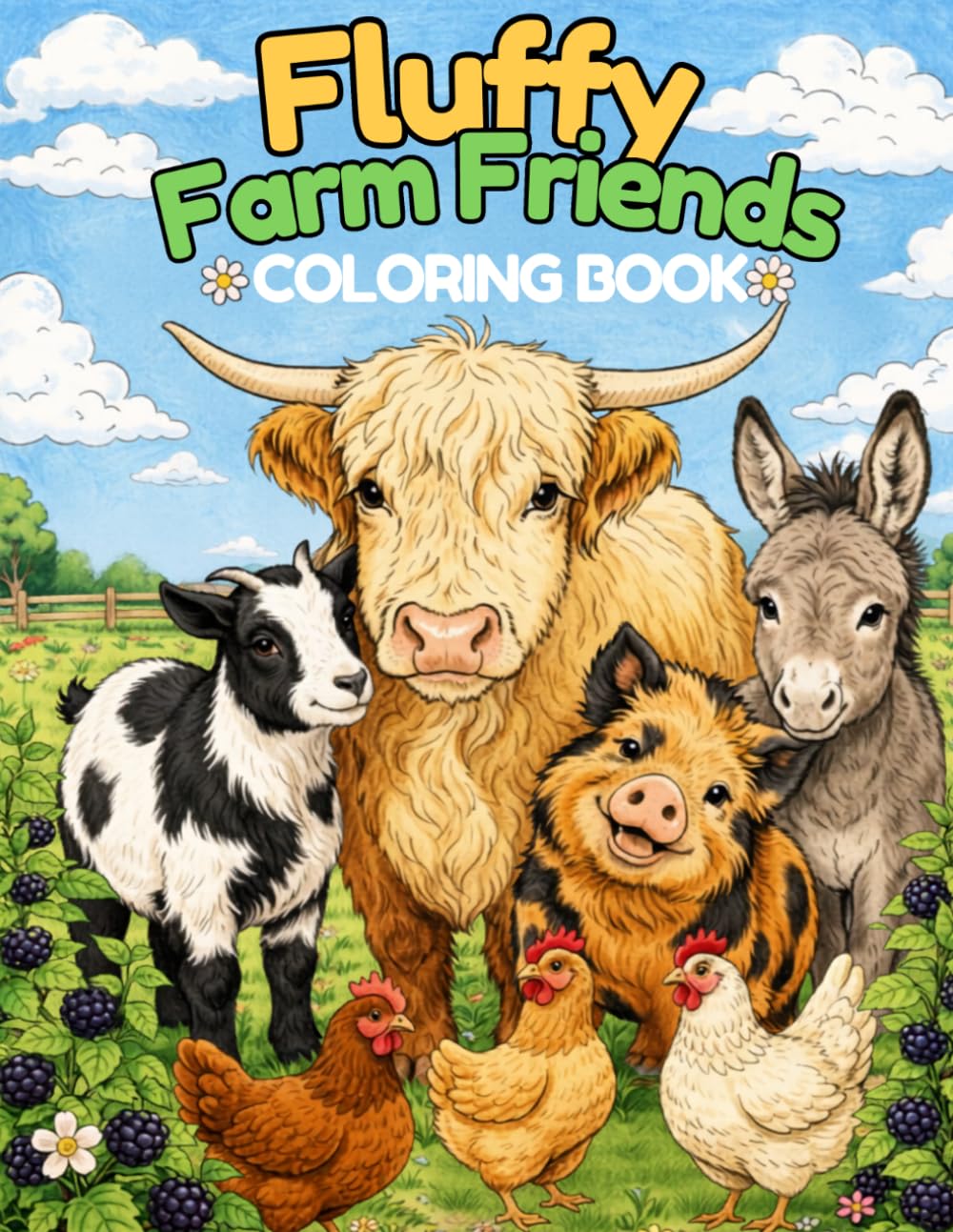 Fluffy Farm Friends: Coloring book with cute fluffy farm animals for adults, kids, & Teens. With Highlands, Pigs, and Goats.