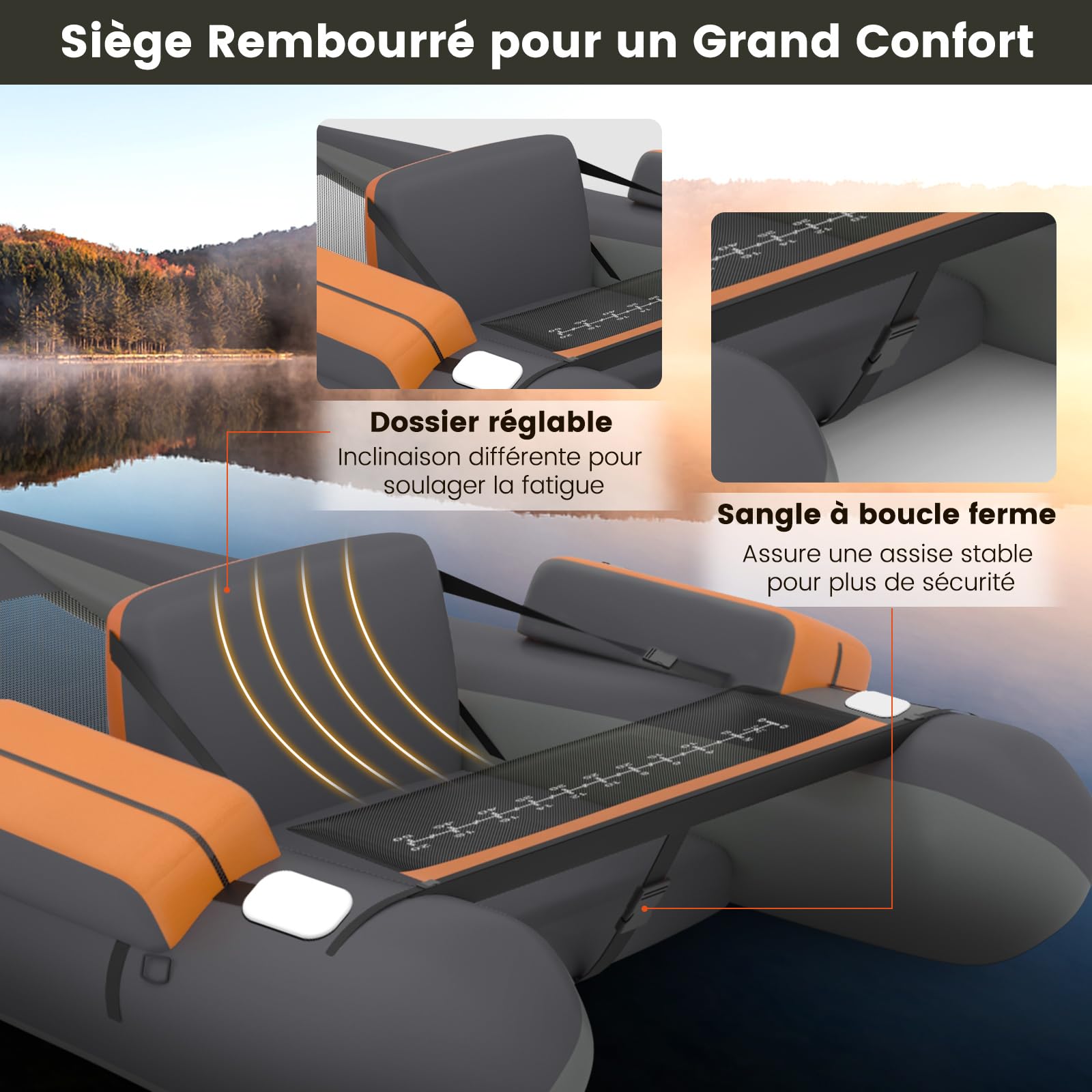 COSTWAY Bateau de Pêche Gonflable avec Sangles Ajustables Palmes et Pagaies en Aluminium, Bateau Gonflable avec Poches de Rangement, Crochet à Poisson, Capacité de Charge de 160 KG