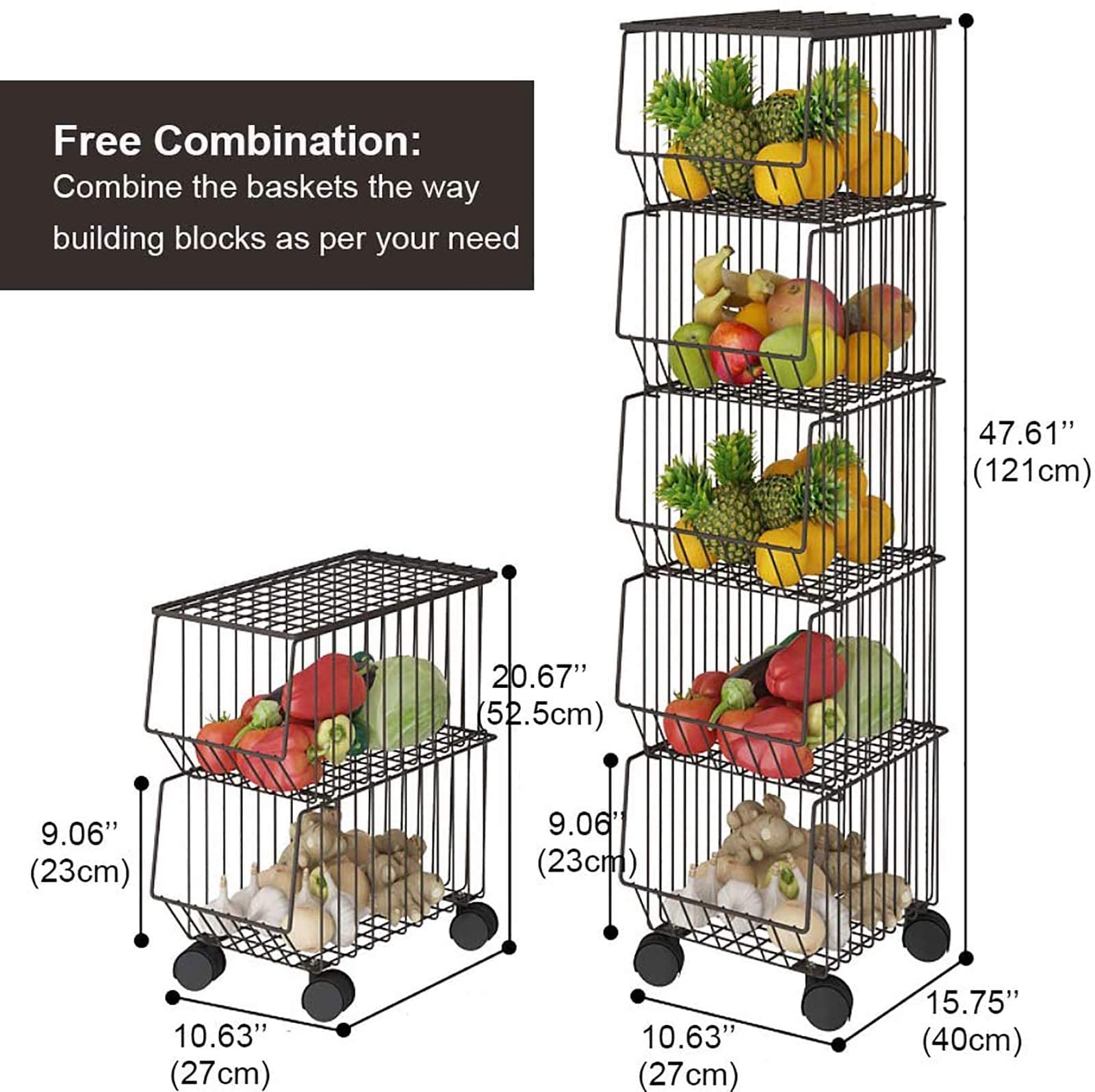 WHIFEA 5 Tier Metal Wire Basket with Wheels and Cover Stackable Rolling