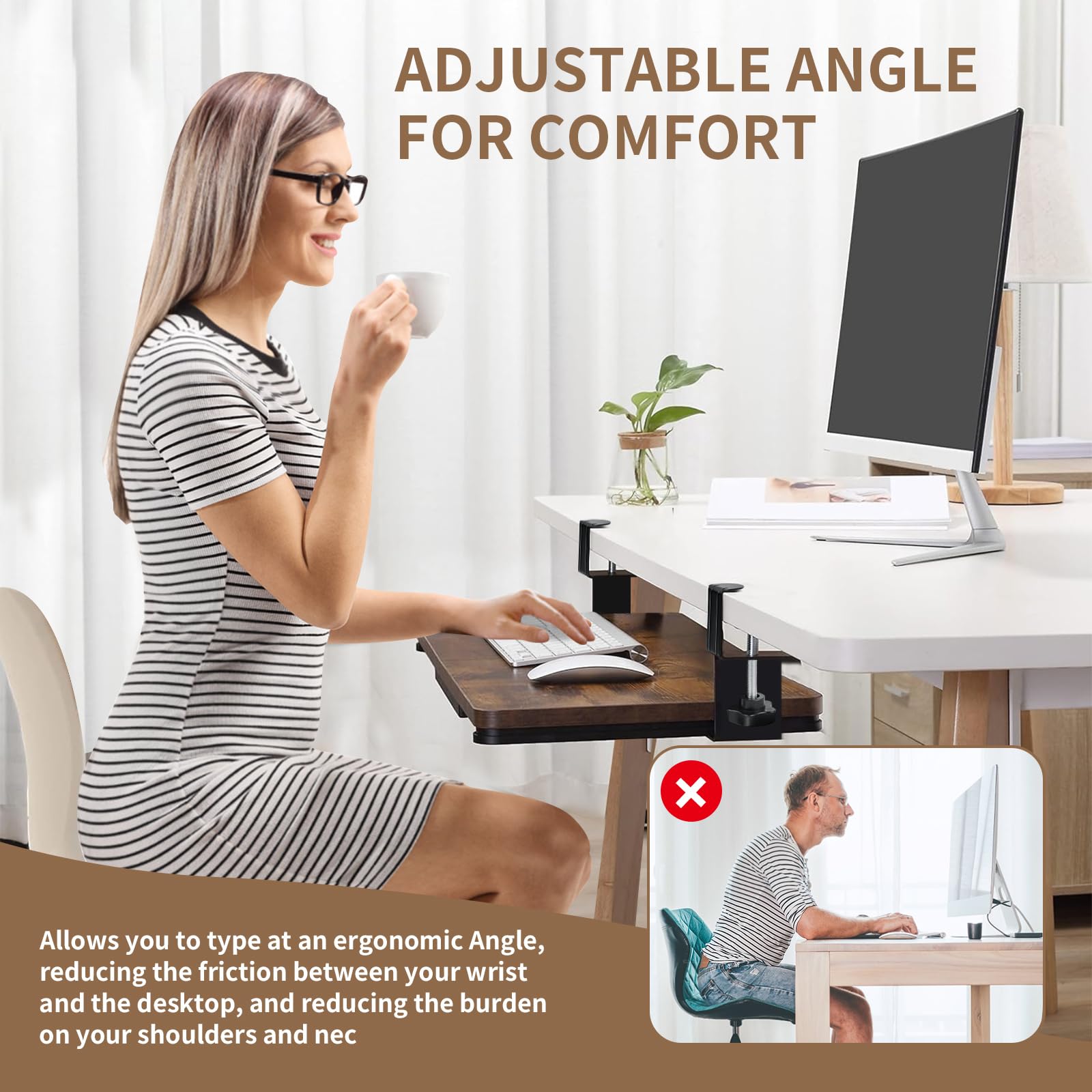 Porta Tastiera Estraibile, Supporto Tastiera Pc con Morsetto C di Grandi Dimensioni, Vassoio per Tastiera Allungabile e Silenzioso per L'Ufficio, 235mm X 140mm (Nero)
