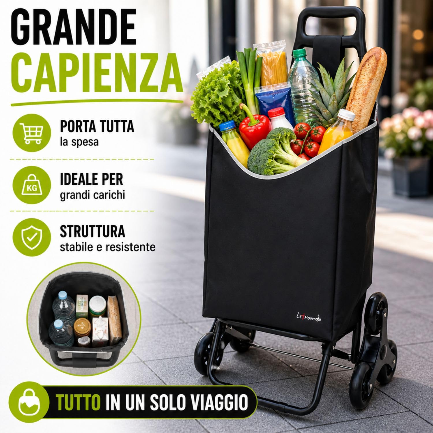 Leonardo Trolley per la Spesa con Tre Ruote Girevoli Saliscale, Portaspesa con Borsa Rimovibile