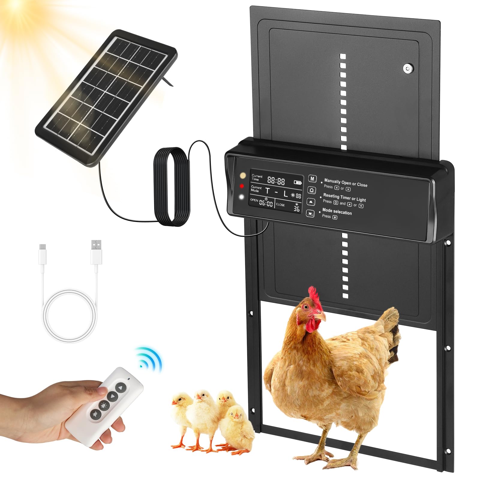 Towwoo Puerta Gallinero Automatica Solar con 24H Temporizador y Pantalla LCD Programable, Impermeable IP45 Anti-pellizco Aluminio Puertas Automaticas, Puerta Automatica Gallinero por Batería Negro