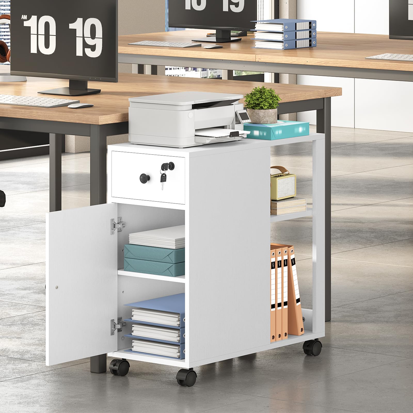 HOOBRO Rollcontainer mit Schublade, mobiler Aktenschrank mit Schloss, Schreibtisch Unterschrank, Büroschrank mit offenen Regalen, Bürocontainer, für Wohnzimmer, Schlafzimmer, Arbeitszimmer EWB28WJ01