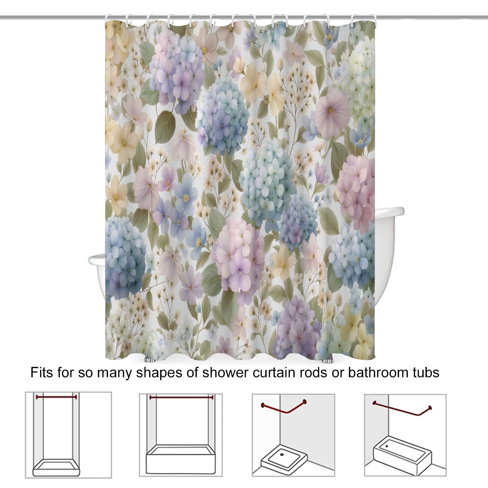Hortensia Rideau de Bain Tissu Polyester Peinture à l'aquarelle Anti Moisissure Imperméable Lavable Rideaux Salle de Bain ，séchage Rapide 180 x 200 cm
