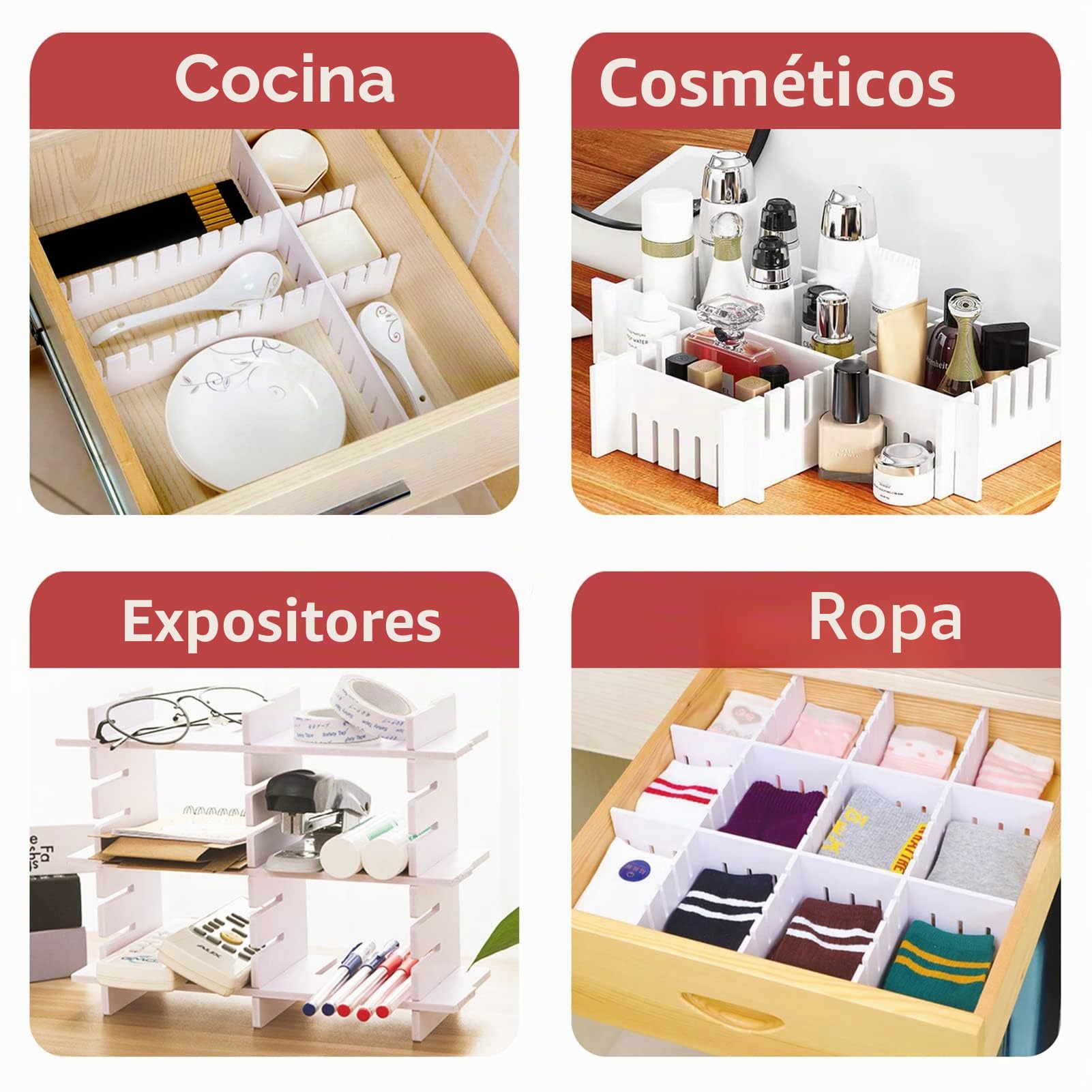 Separadores para cajones ajustables de plástico 42x9 cm organizadores modulares rejilla armario escritorio baño blanco