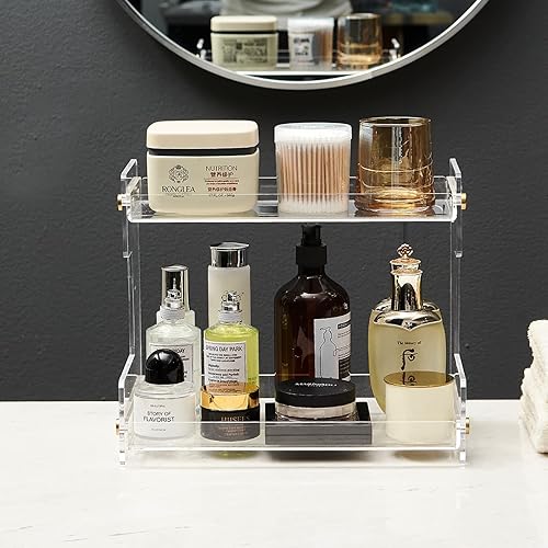 Miniatura 5 de NEWRAIN - Organizador de baño organizador de maquillaje de 2 niveles para cosméticos soporte de tocador para lápiz labial organizadores de gabinetes