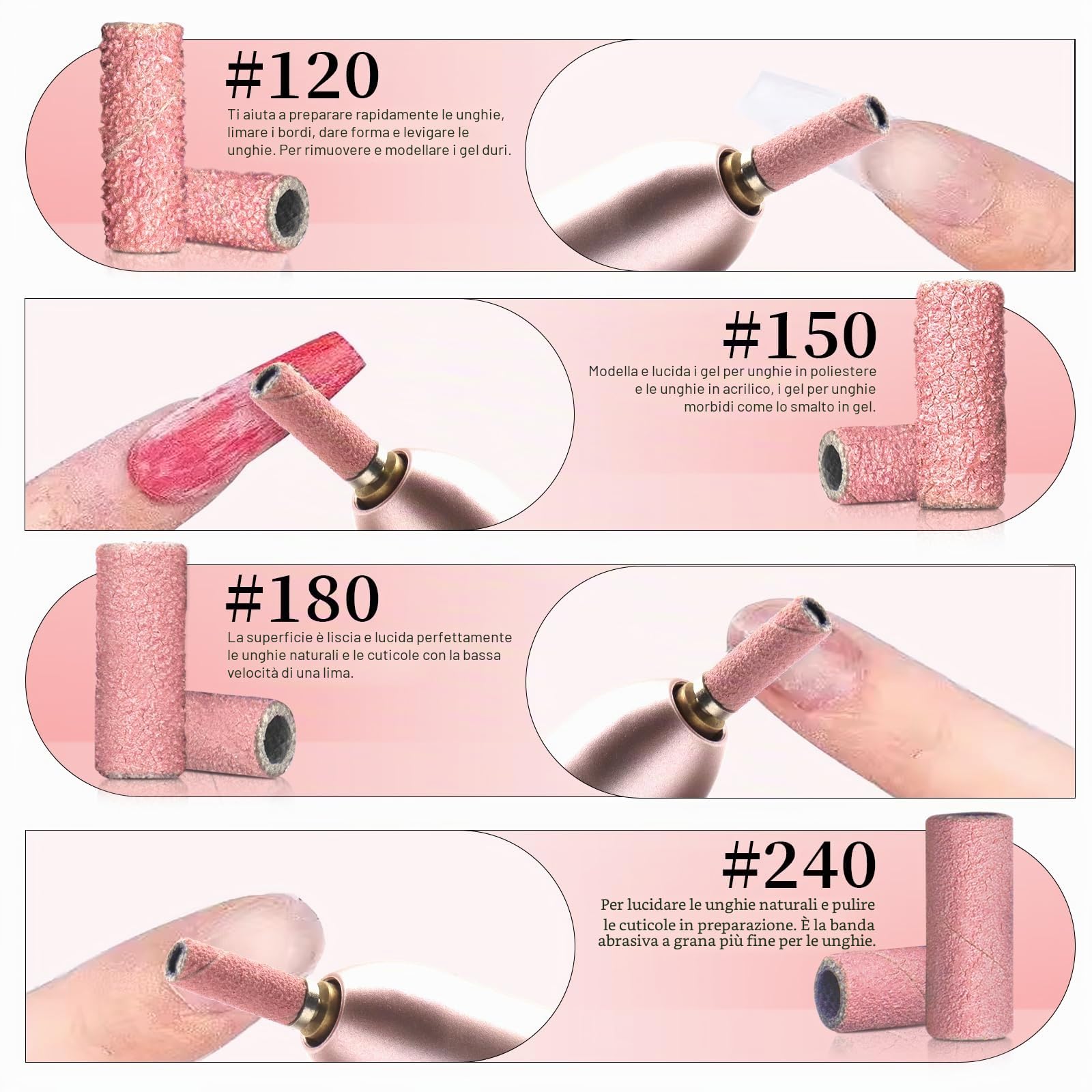 100 pezzi di bande abrasive piccole con punta a mandrino da 3 mm aggiornata,rimozione di unghie in gel, Bande piccole per la levigatura delle unghie #180 Rosa