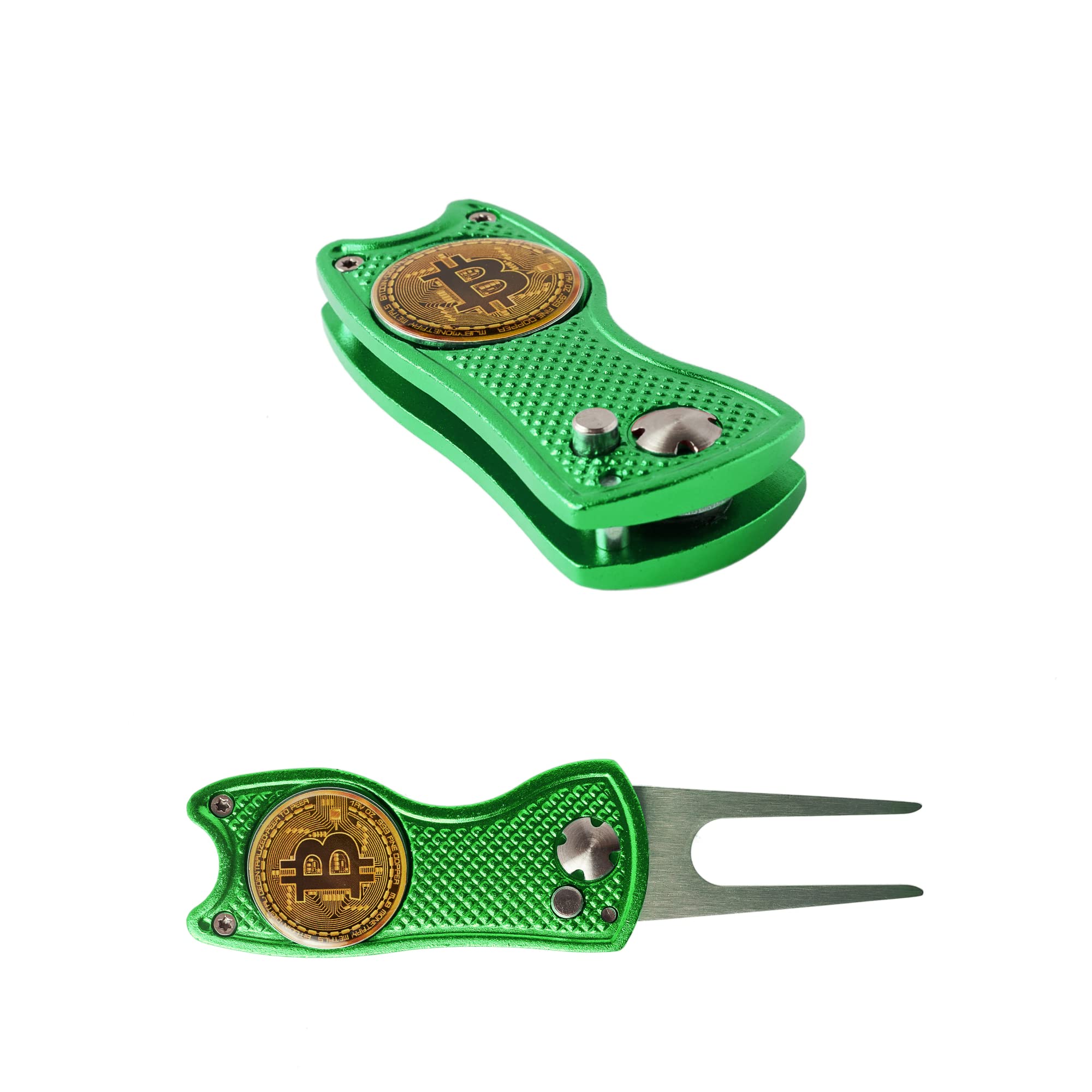 HODL 21 Bitcoin Golf Divot Repair Tool, All-Metal Golf Accessories - 3- in-1 Golf Multitool (Divot Tool, Ball Marker, Club Holder) | Foldable with with Pop-up Button & Magnetic Ball Marker