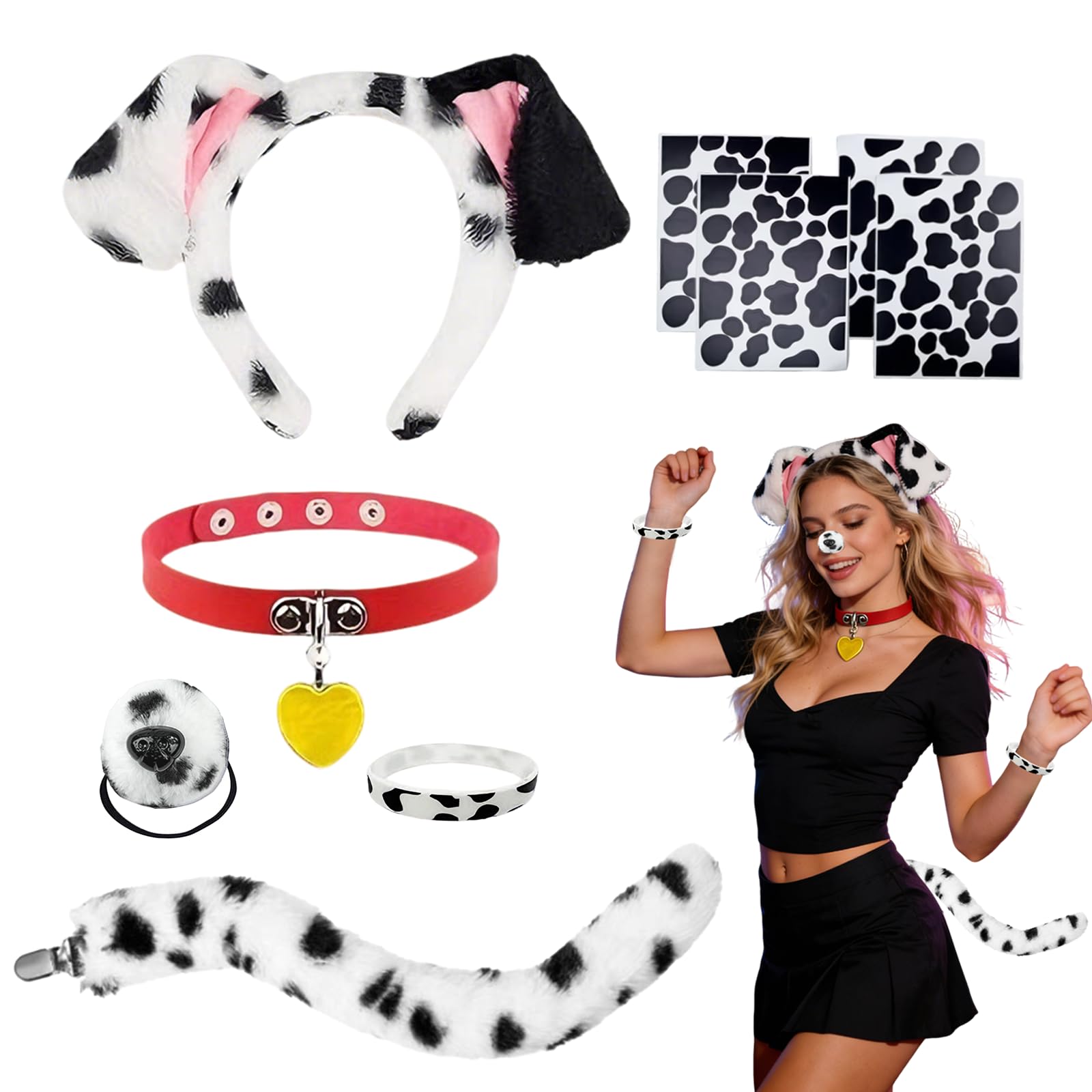 7 Disfraz de Dálmata para Niño Adulto, Dálmatas Diadema Cola Nariz Pajarita Orejas Papel Autoadhesivo, para Carnaval Regalos de Fiesta de Cumpleaños Disfraz Halloween